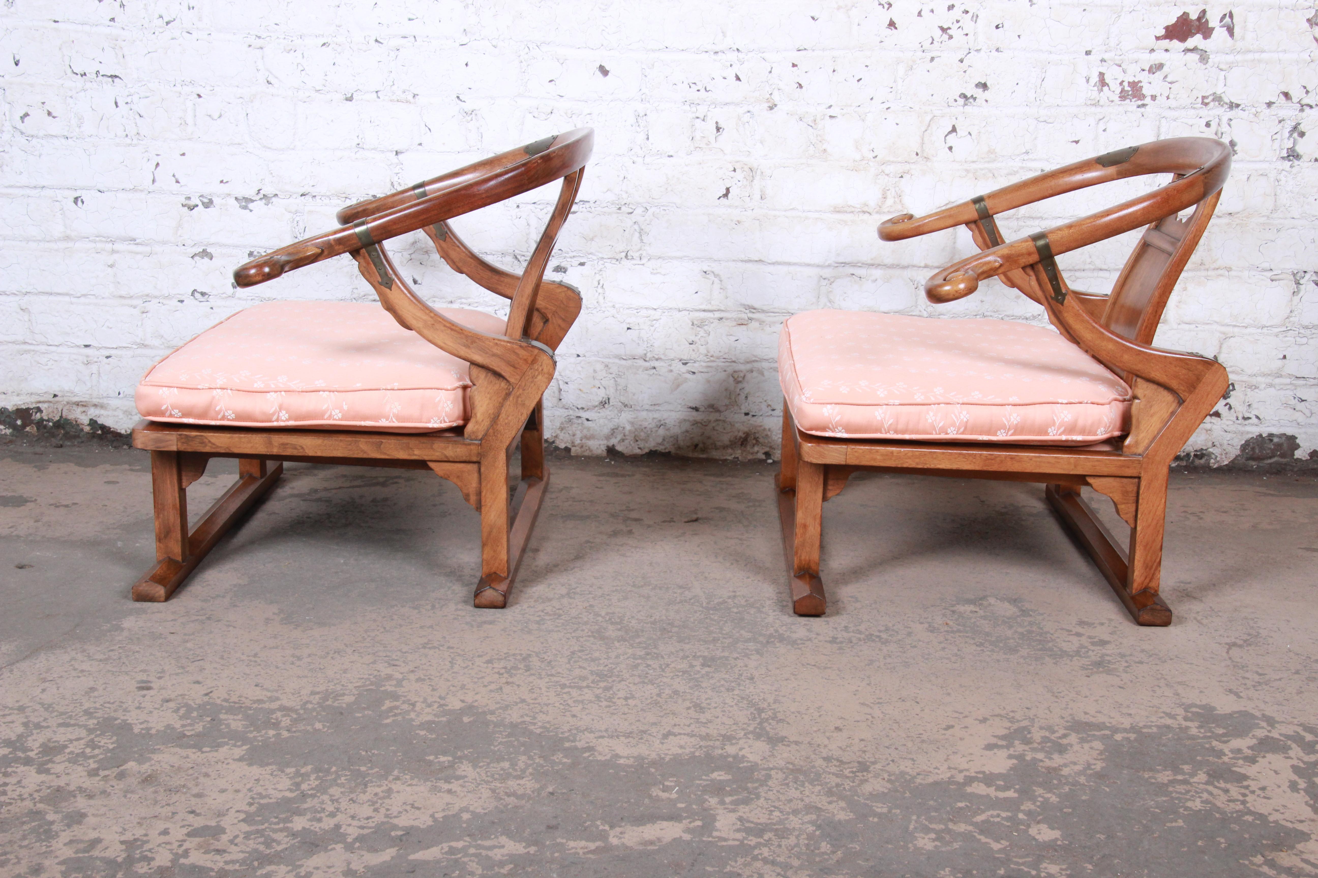 Baker Furniture Midcentury Chinoiserie Walnut Yoke Back Low Lounge Chairs, Pair 3