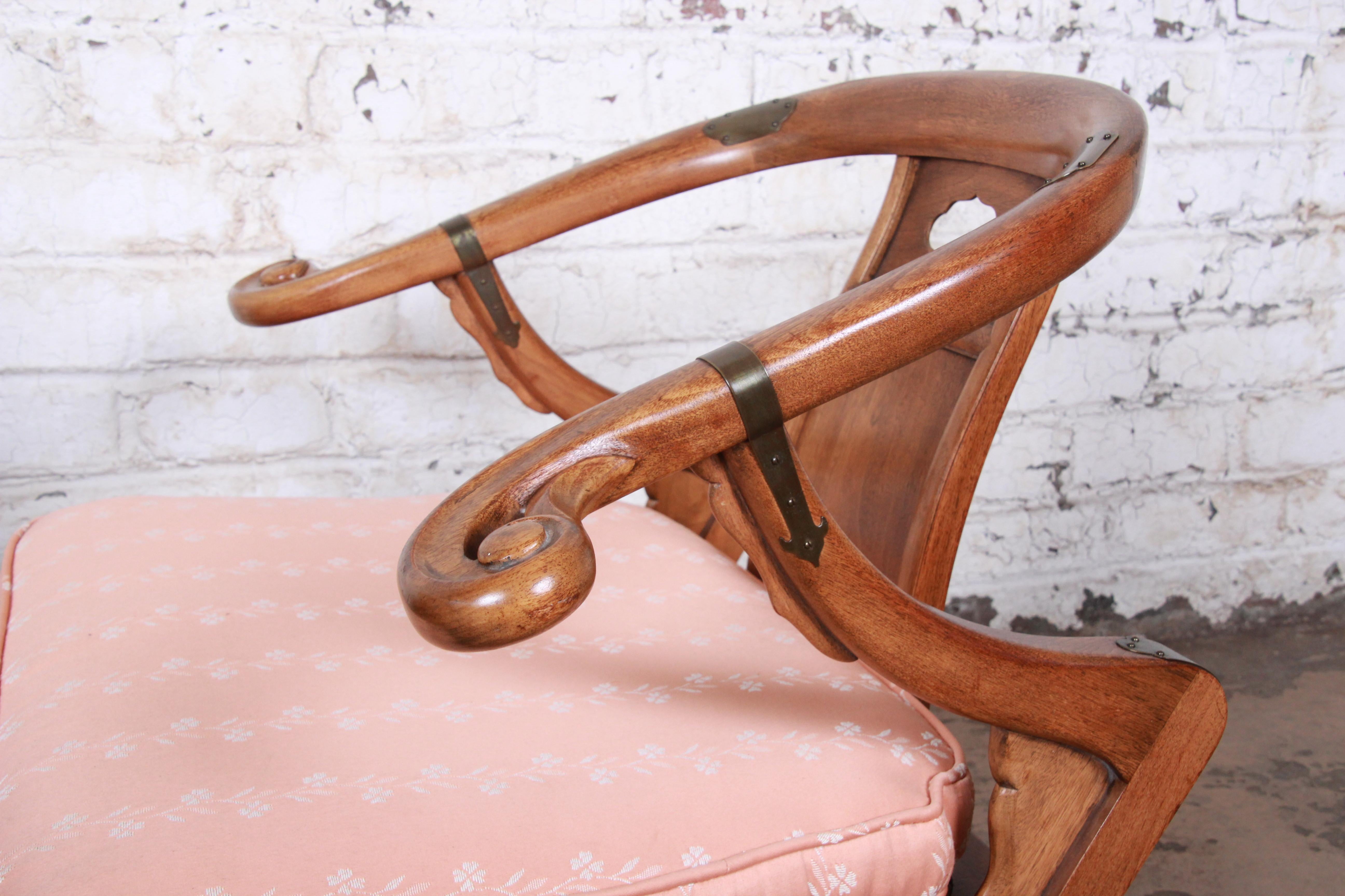 Baker Furniture Midcentury Chinoiserie Walnut Yoke Back Low Lounge Chairs, Pair 4