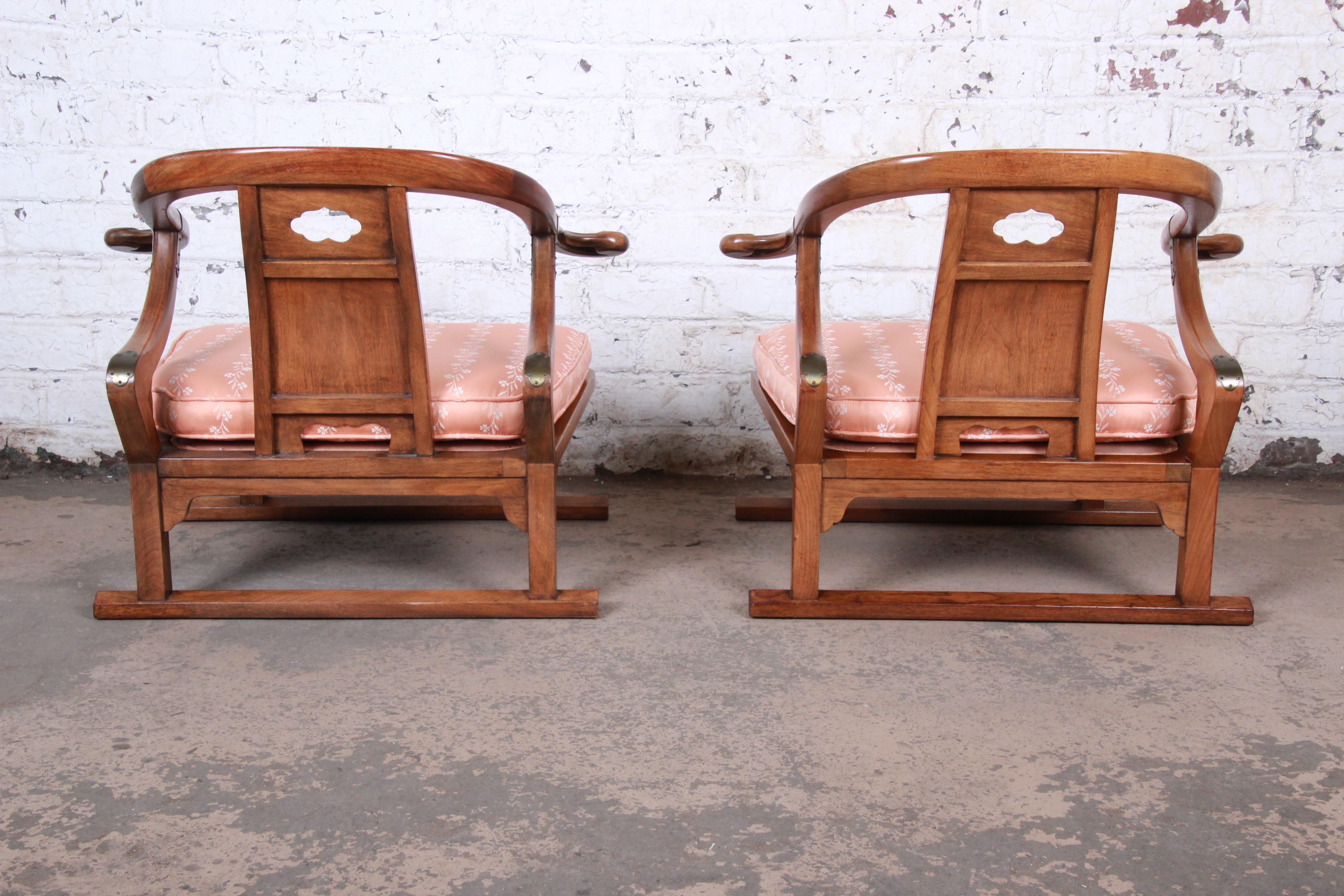 Baker Furniture Midcentury Chinoiserie Walnut Yoke Back Low Lounge Chairs, Pair 5