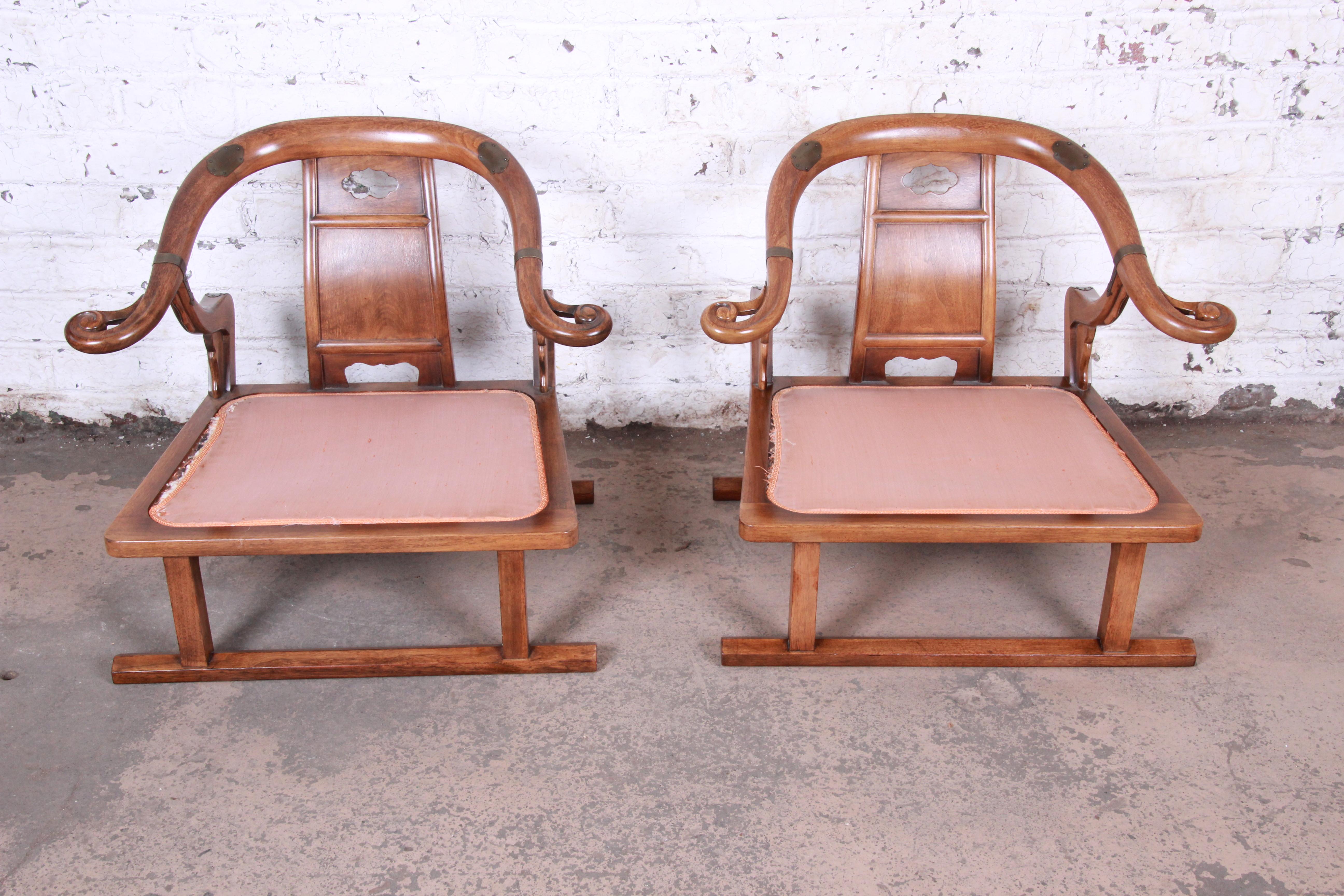 Baker Furniture Midcentury Chinoiserie Walnut Yoke Back Low Lounge Chairs, Pair 6