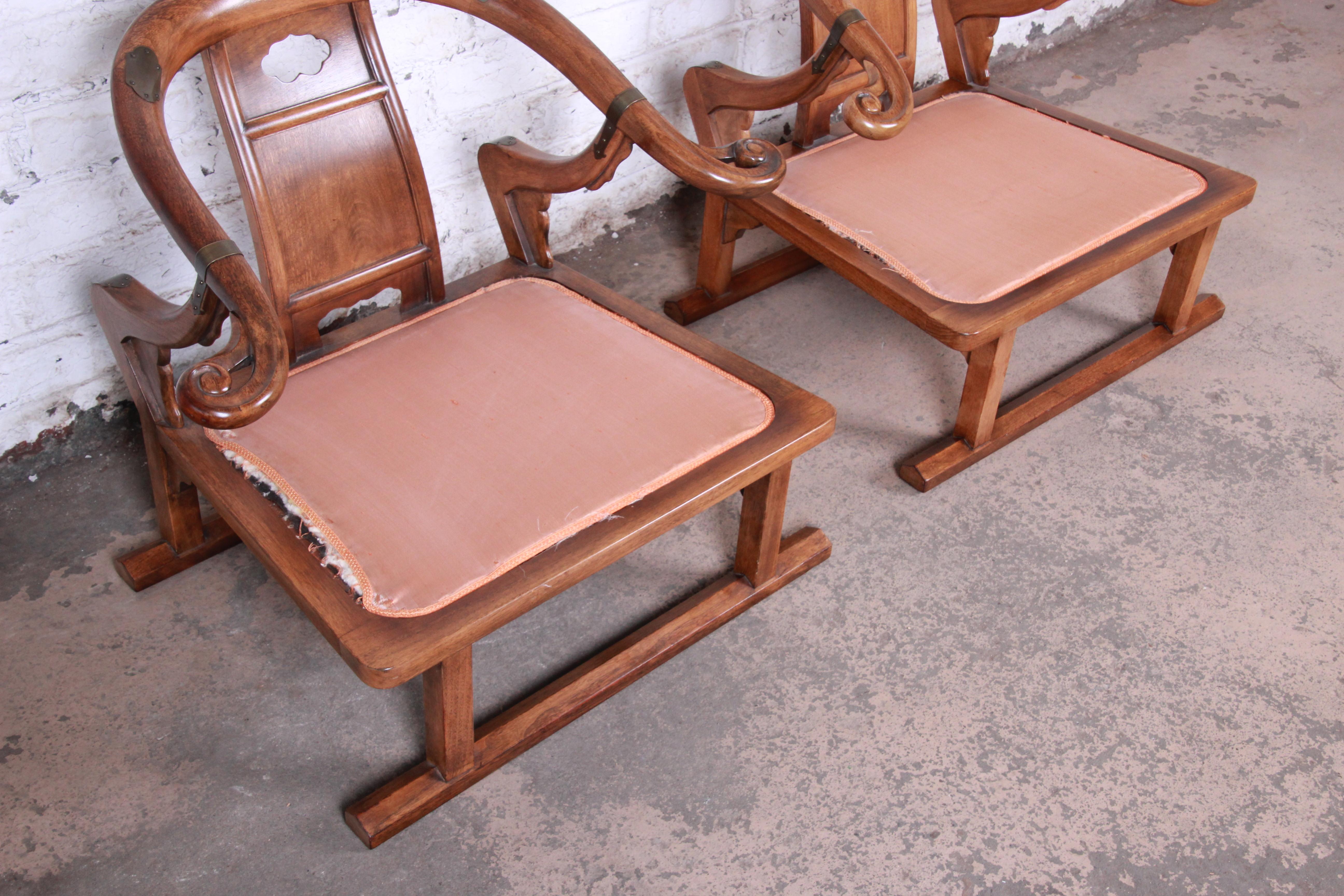 Baker Furniture Midcentury Chinoiserie Walnut Yoke Back Low Lounge Chairs, Pair 7