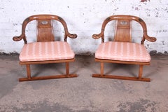 Baker Furniture Midcentury Chinoiserie Walnut Yoke Back Low Lounge Chairs, Pair