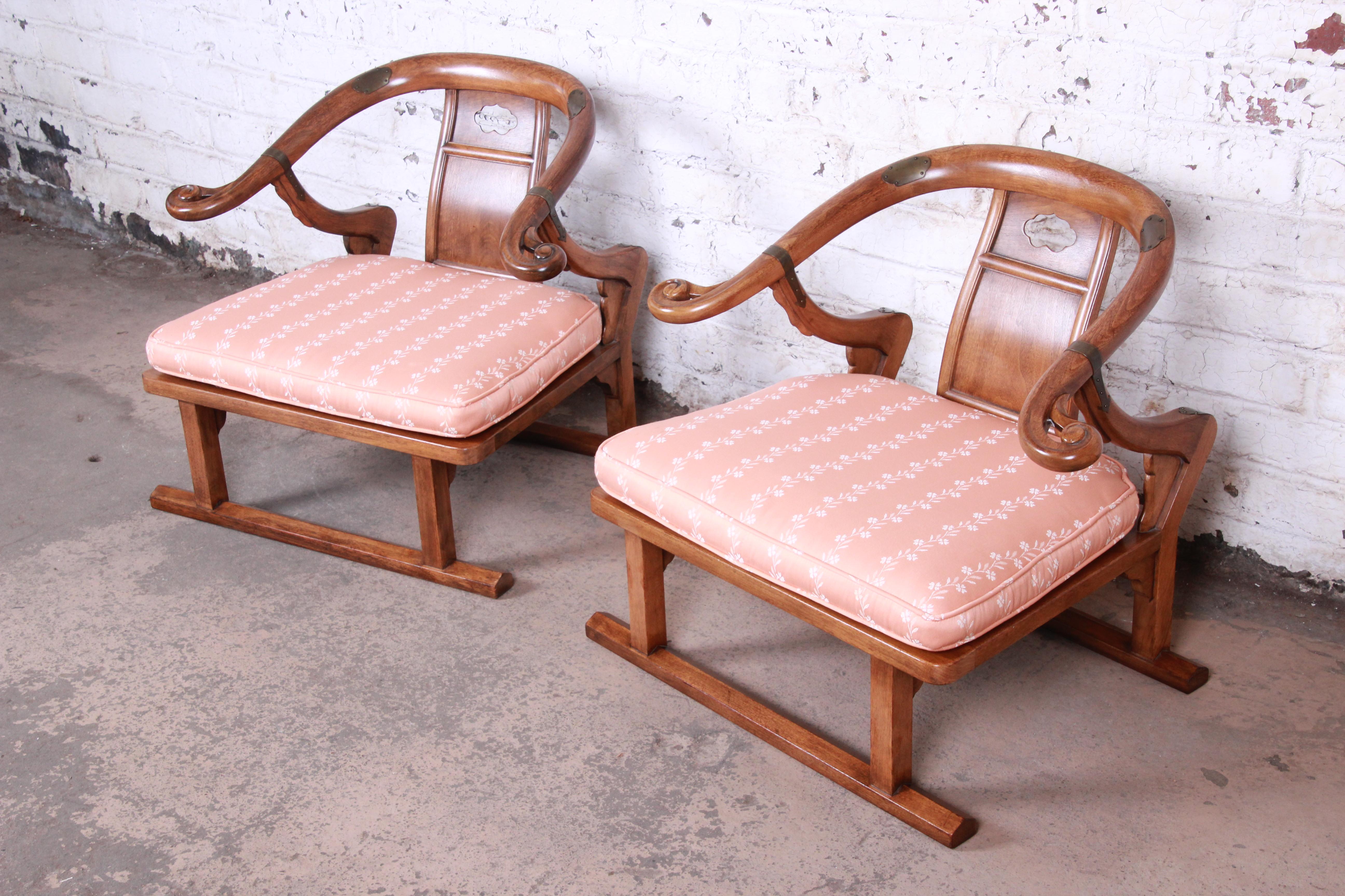 Mid-Century Modern Baker Furniture Midcentury Chinoiserie Walnut Yoke Back Low Lounge Chairs, Pair