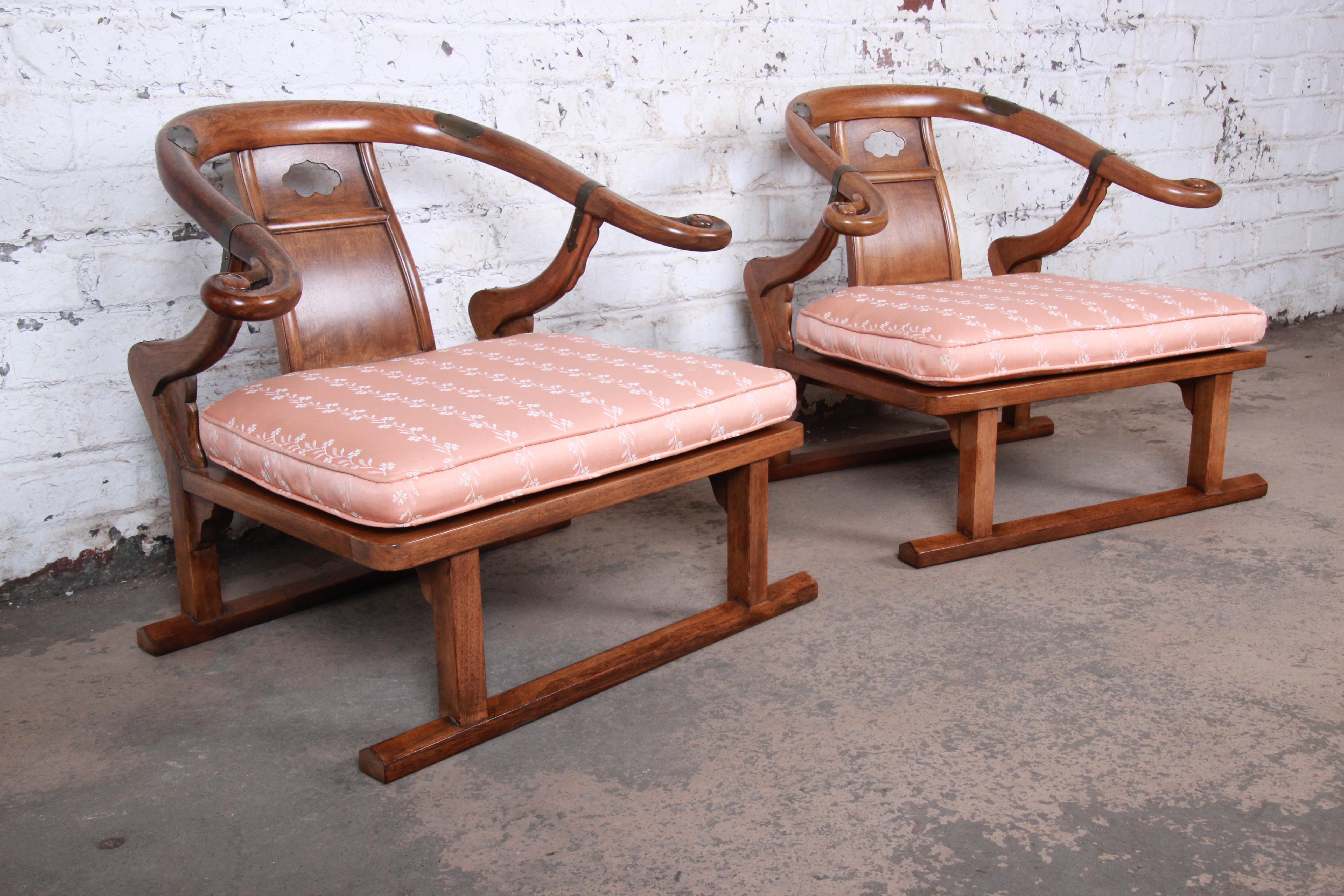 American Baker Furniture Midcentury Chinoiserie Walnut Yoke Back Low Lounge Chairs, Pair