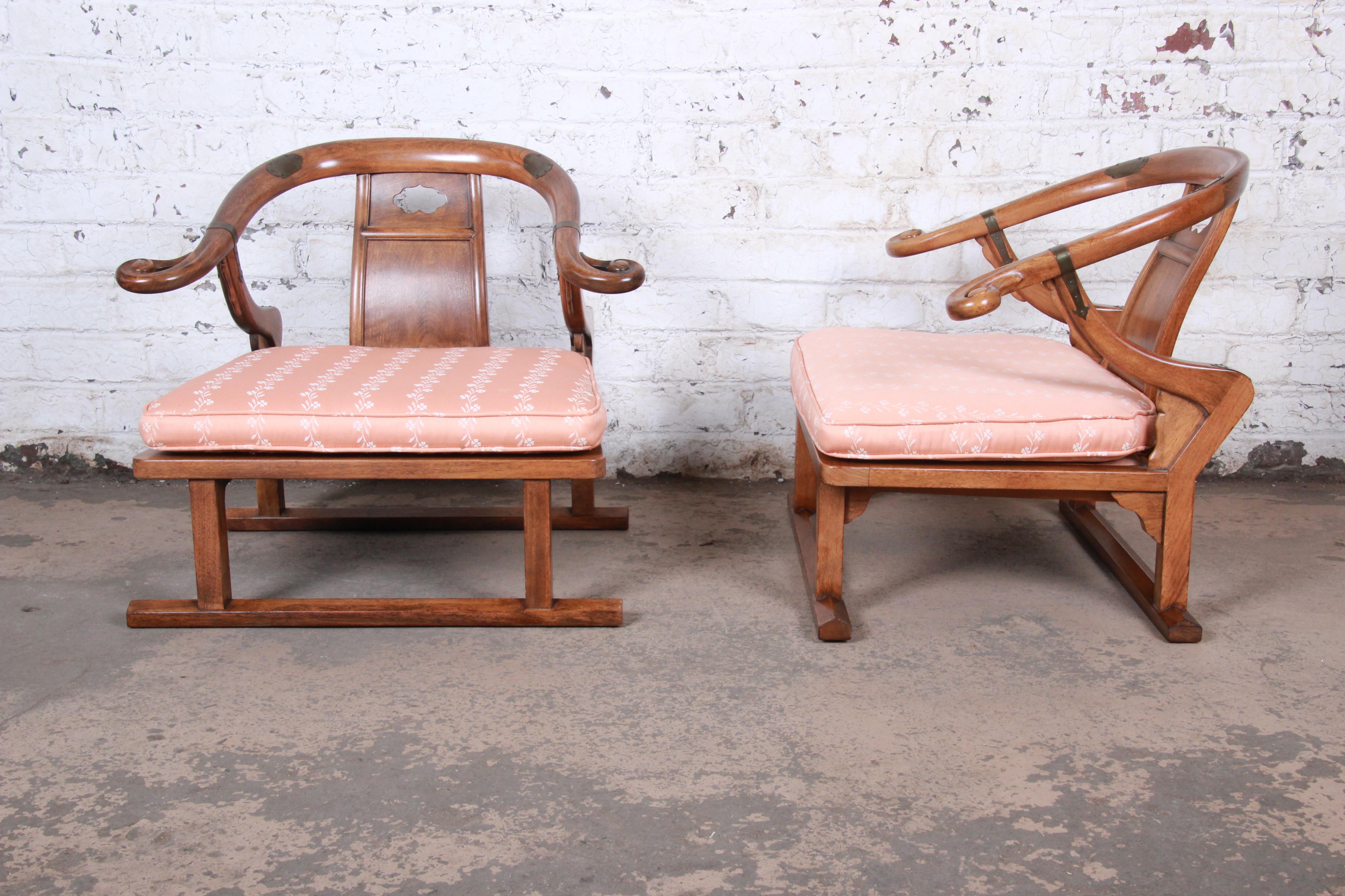 Baker Furniture Midcentury Chinoiserie Walnut Yoke Back Low Lounge Chairs, Pair In Good Condition In South Bend, IN