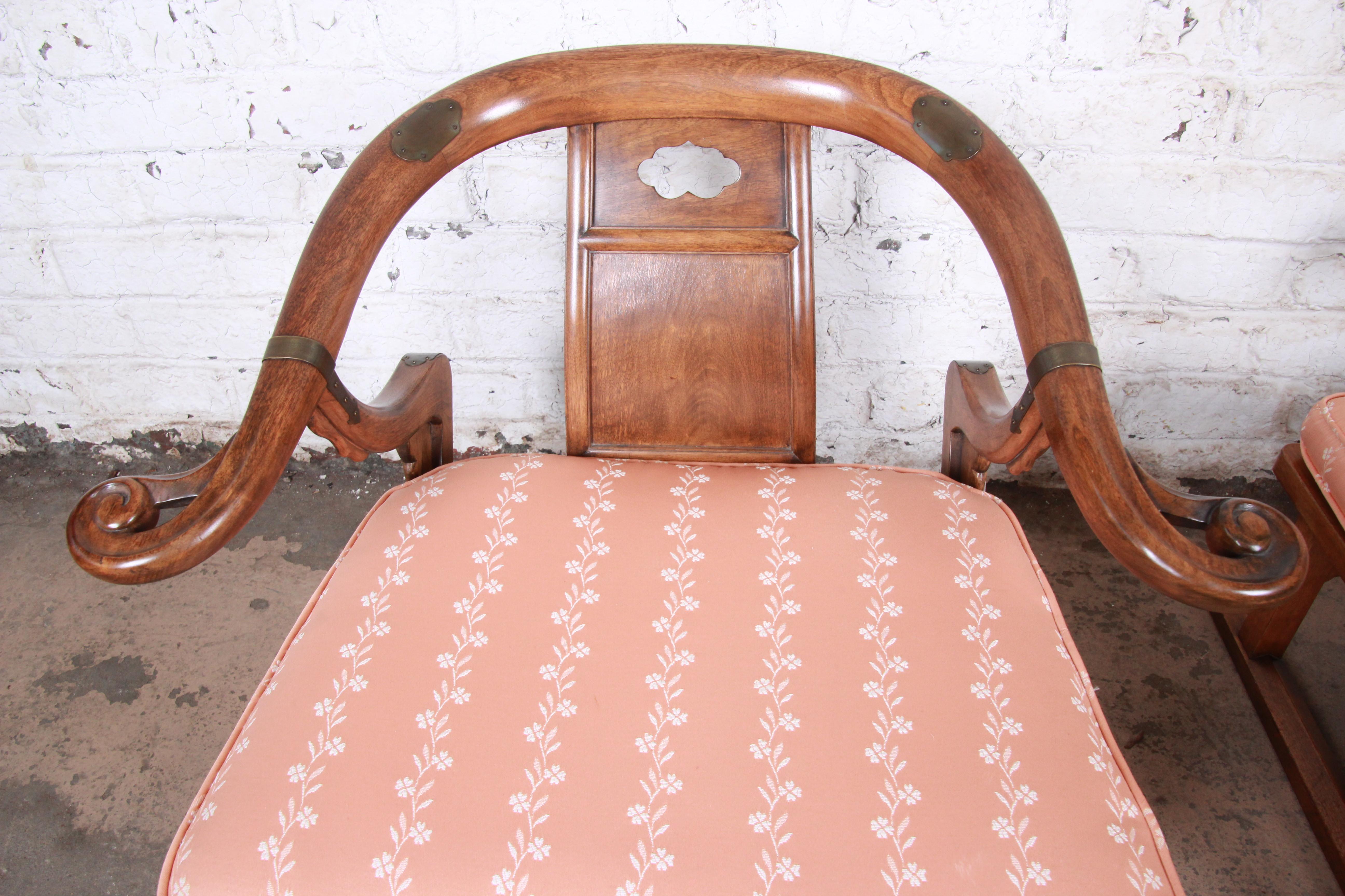 Mid-20th Century Baker Furniture Midcentury Chinoiserie Walnut Yoke Back Low Lounge Chairs, Pair