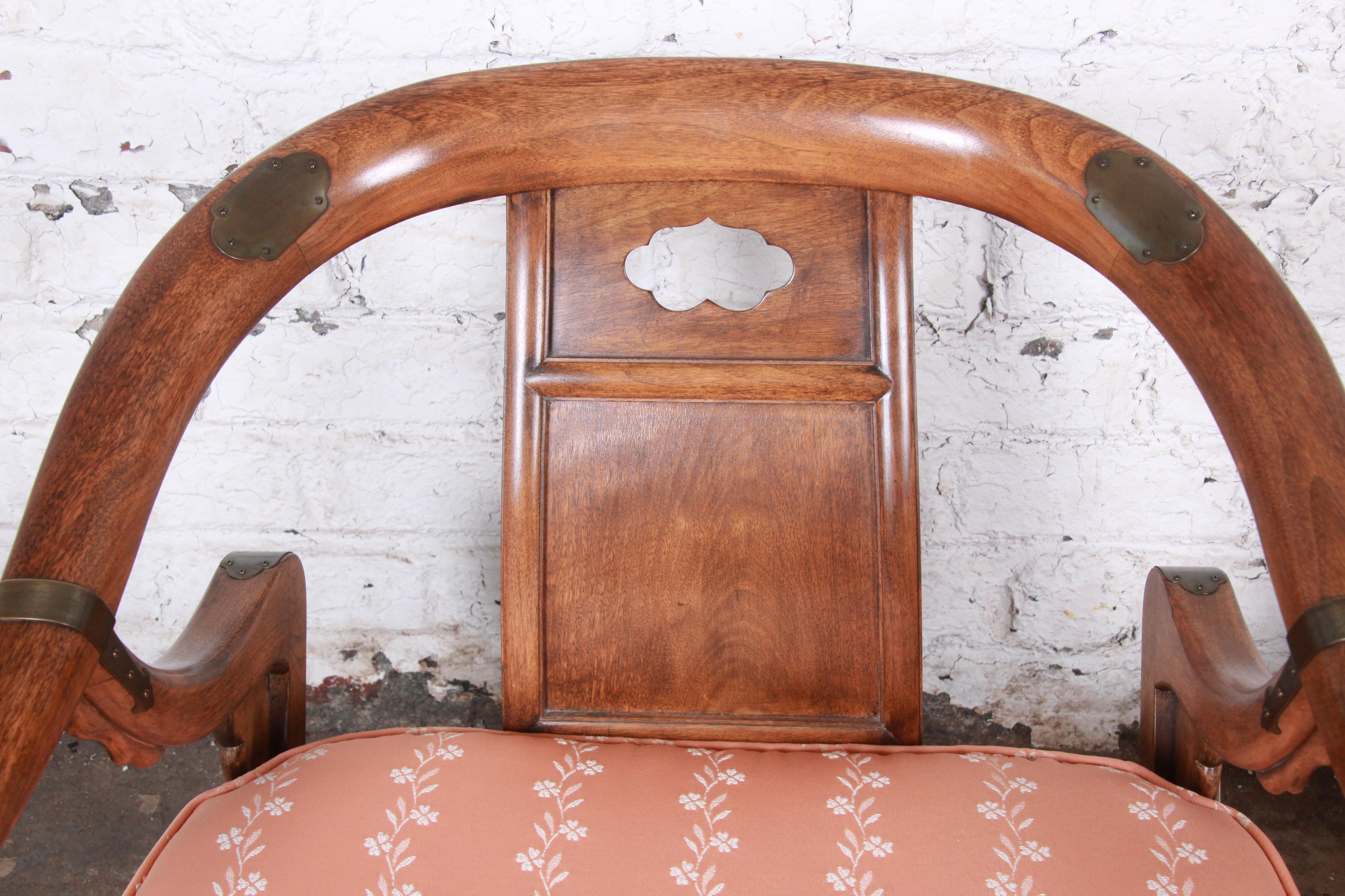 Brass Baker Furniture Midcentury Chinoiserie Walnut Yoke Back Low Lounge Chairs, Pair