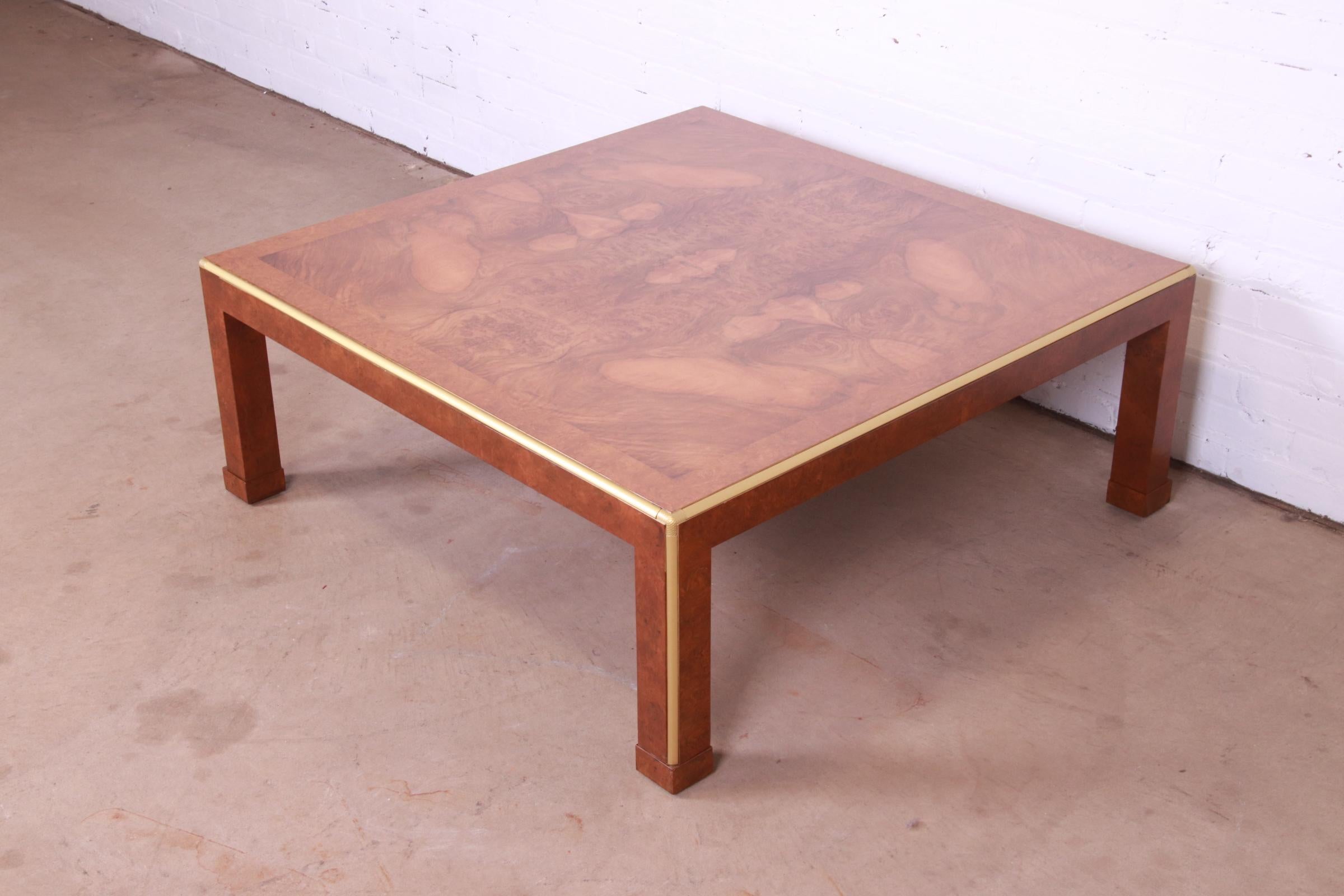 American Baker Furniture Mid-Century Hollywood Regency Burl Wood and Brass Coffee Table