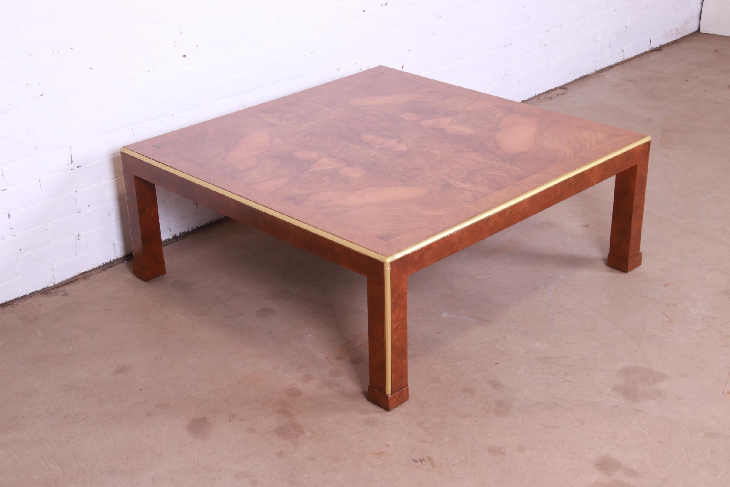 20th Century Baker Furniture Mid-Century Hollywood Regency Burl Wood and Brass Coffee Table
