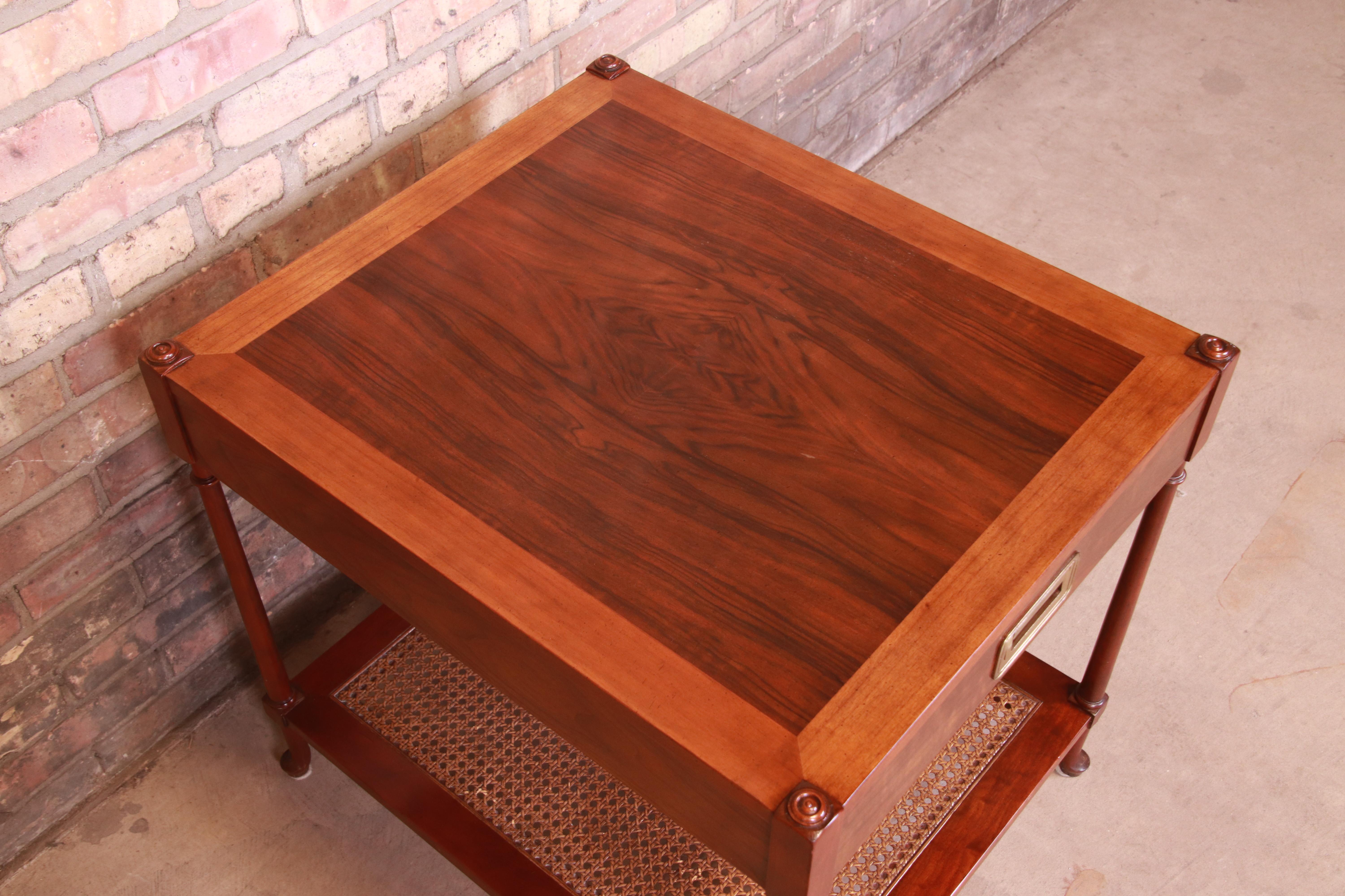 Baker Furniture Mid-Century Hollywood Regency Burled Walnut and Cane Tea Table 3