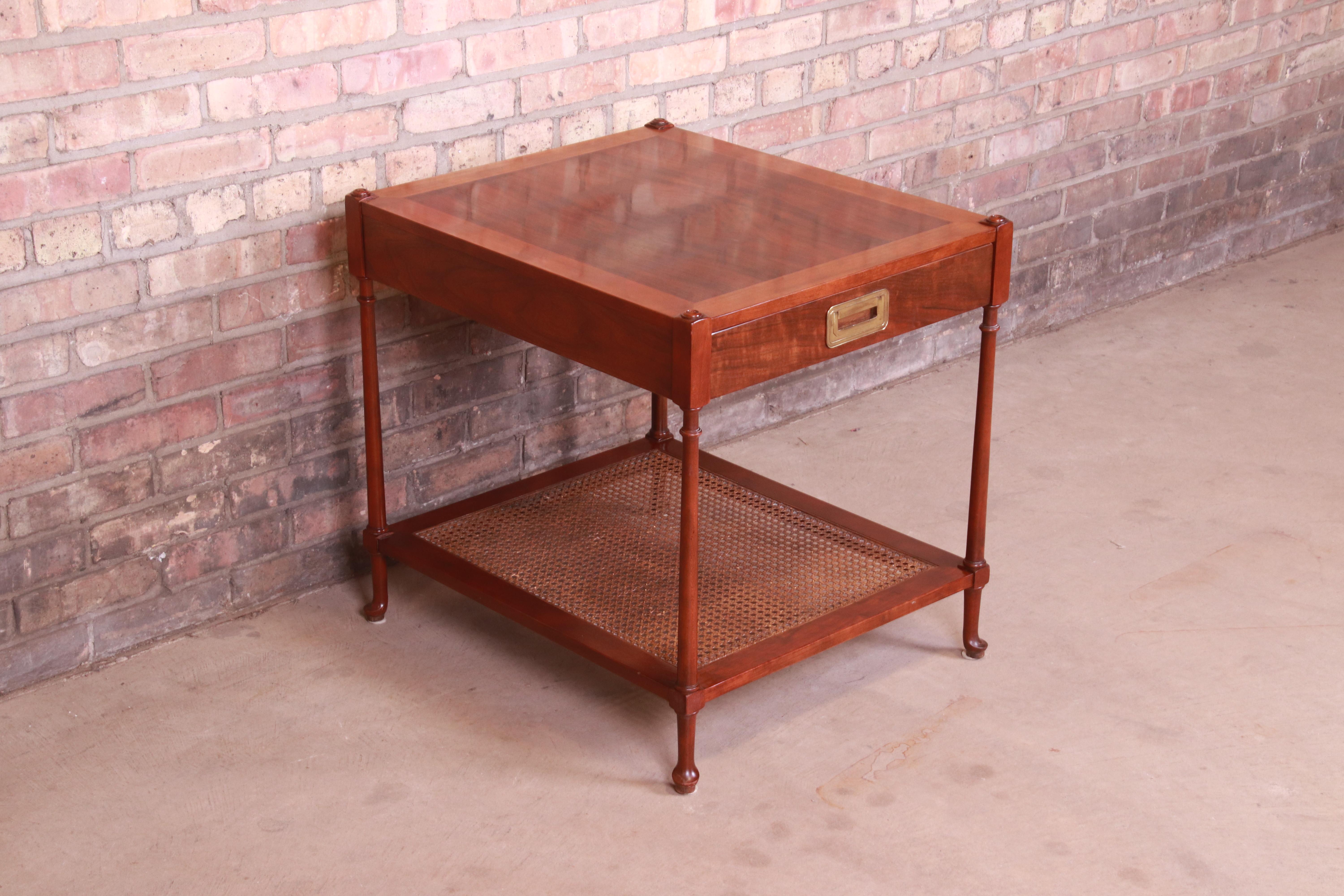Baker Furniture Mid-Century Hollywood Regency Burled Walnut and Cane Tea Table In Good Condition In South Bend, IN