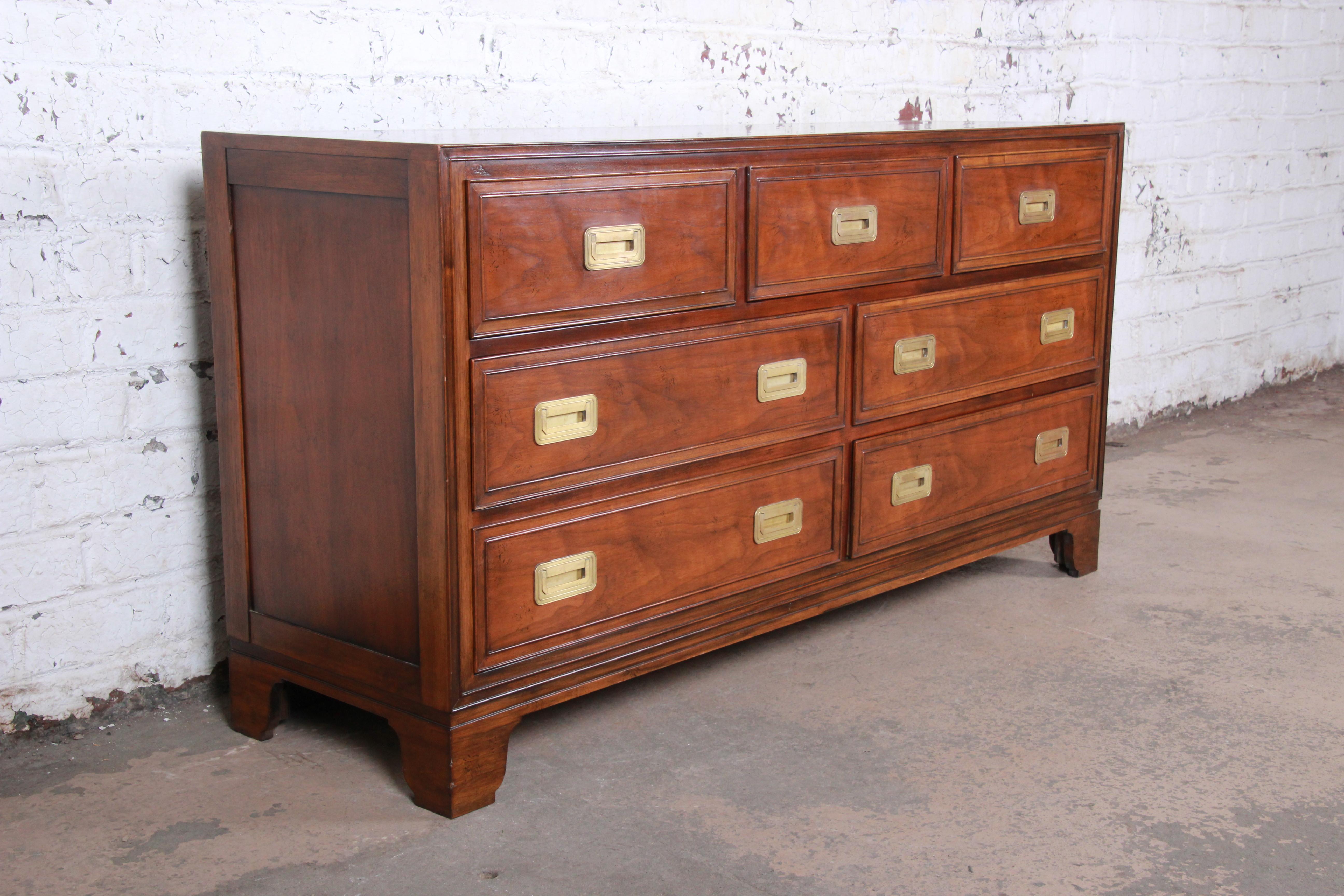 Baker Furniture Midcentury Hollywood Regency Campaign Style Walnut Long Dresser In Good Condition In South Bend, IN