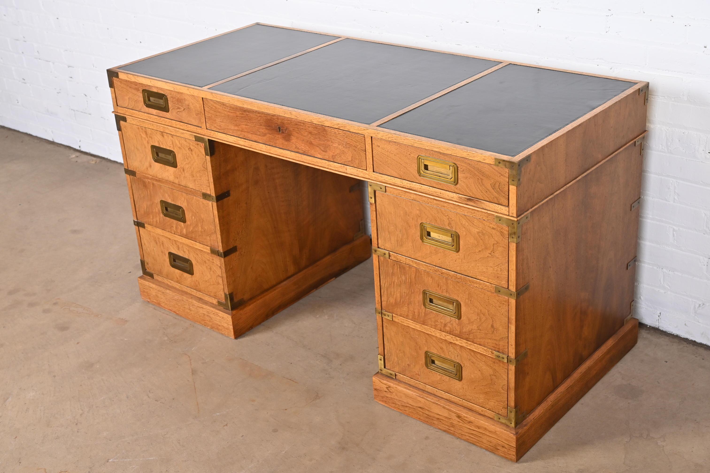 American Baker Furniture Mid-Century Hollywood Regency Campaign Walnut Leather Top Desk