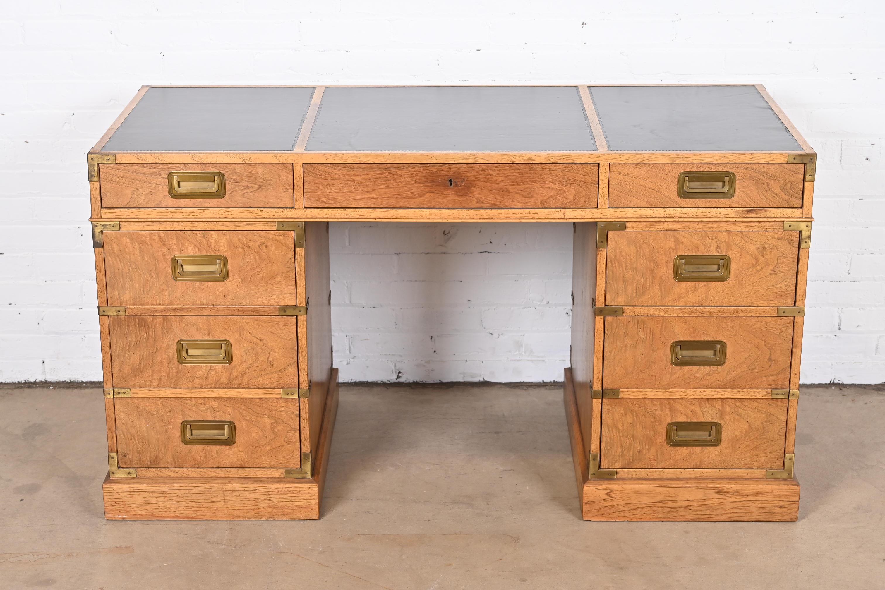 American Baker Furniture Mid-Century Hollywood Regency Campaign Walnut Leather Top Desk
