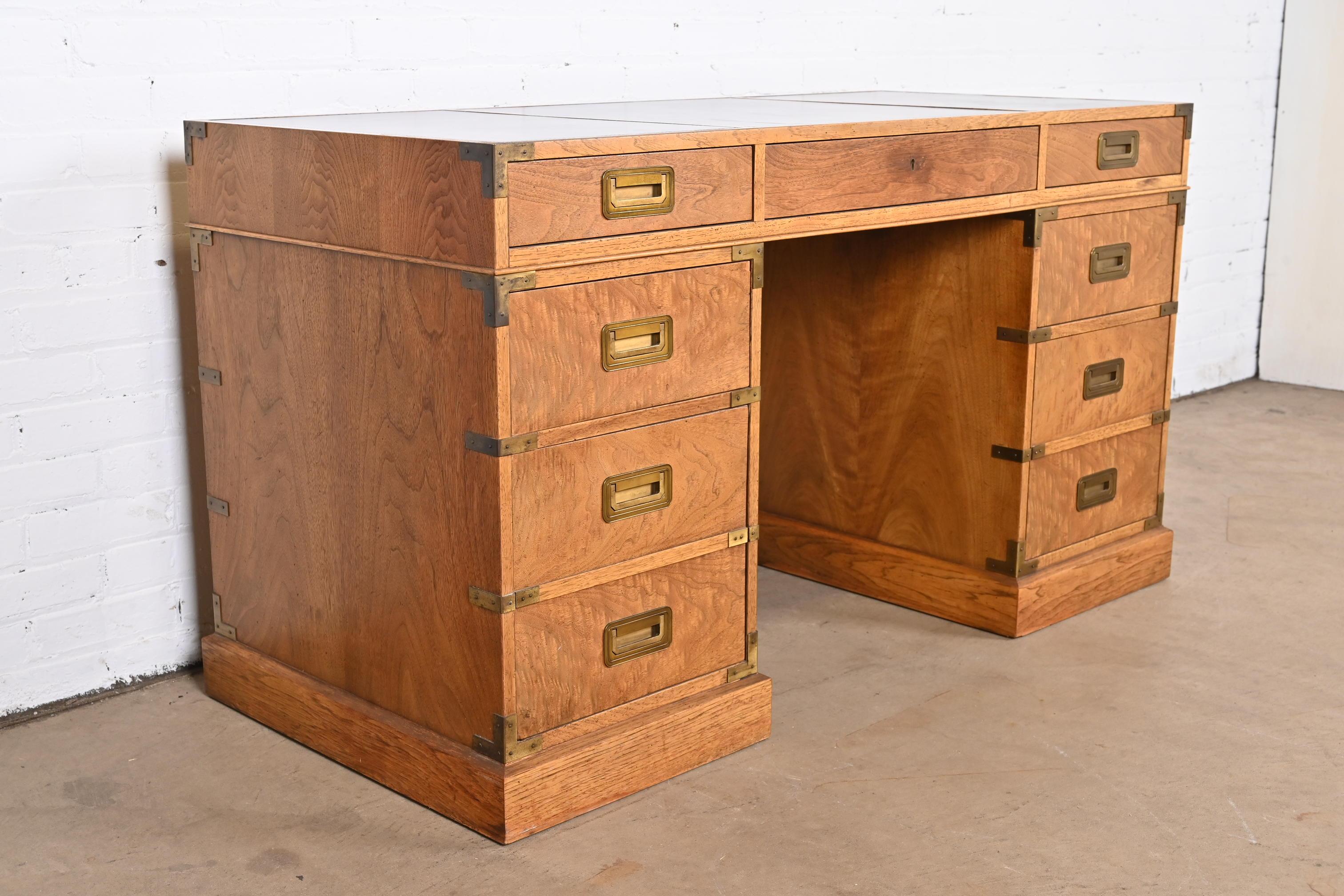 Brass Baker Furniture Mid-Century Hollywood Regency Campaign Walnut Leather Top Desk