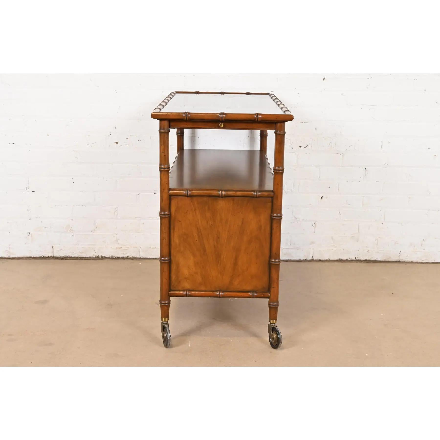Baker Furniture Mid-Century Hollywood Regency Walnut Faux Bamboo Bar Cart 4