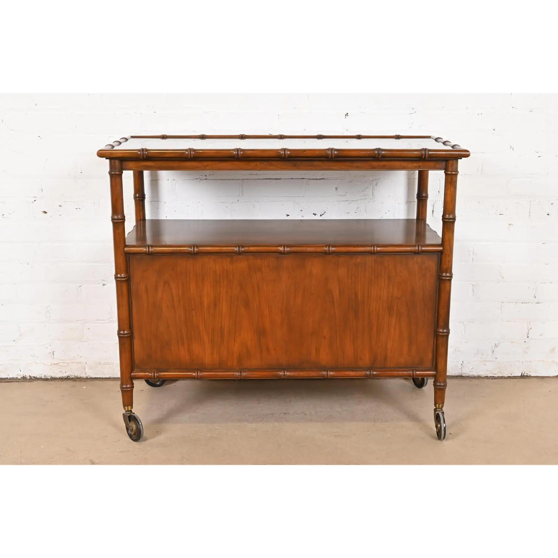 Baker Furniture Mid-Century Hollywood Regency Walnut Faux Bamboo Bar Cart 5