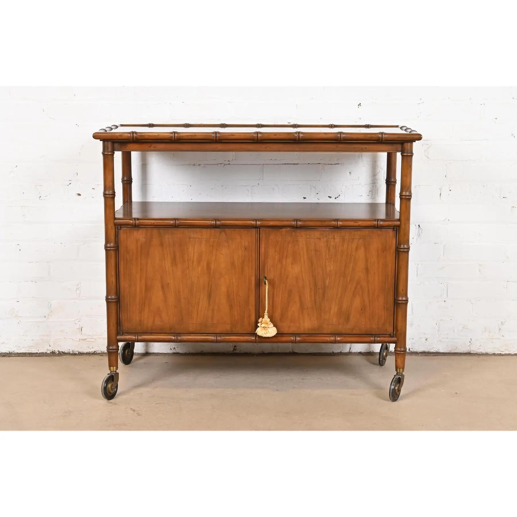 Mid-Century Modern Baker Furniture Mid-Century Hollywood Regency Walnut Faux Bamboo Bar Cart