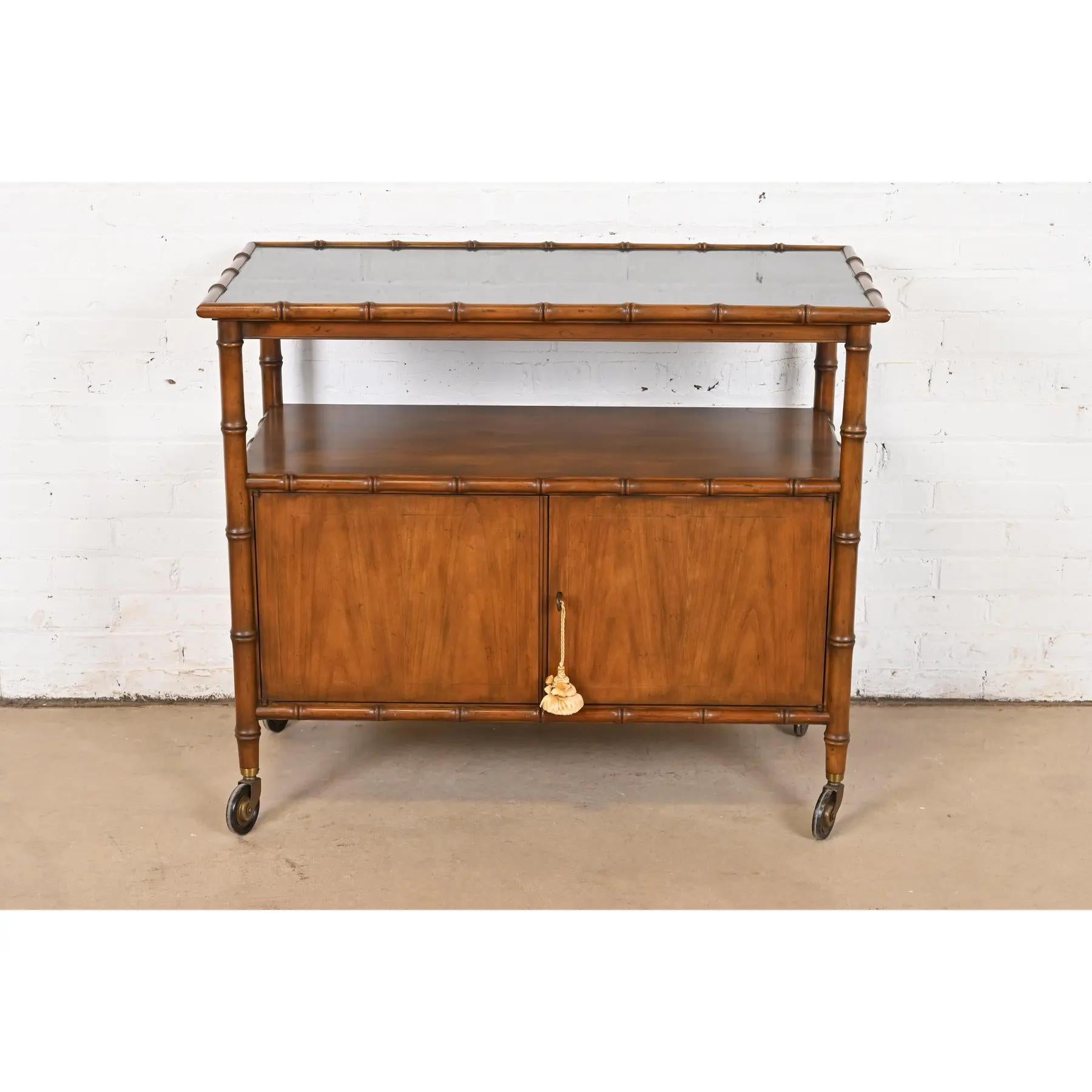 American Baker Furniture Mid-Century Hollywood Regency Walnut Faux Bamboo Bar Cart