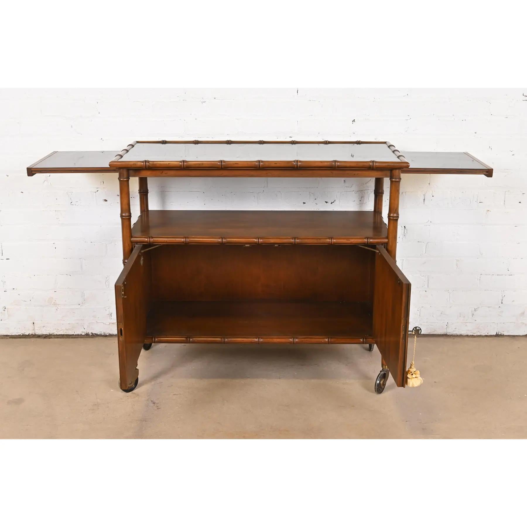 Late 20th Century Baker Furniture Mid-Century Hollywood Regency Walnut Faux Bamboo Bar Cart