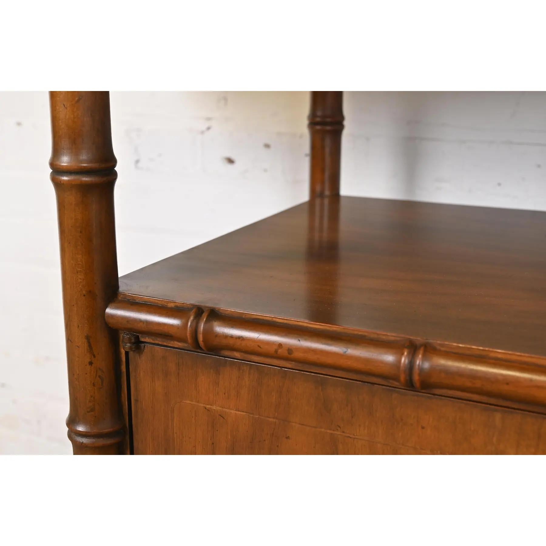 Baker Furniture Mid-Century Hollywood Regency Walnut Faux Bamboo Bar Cart 1