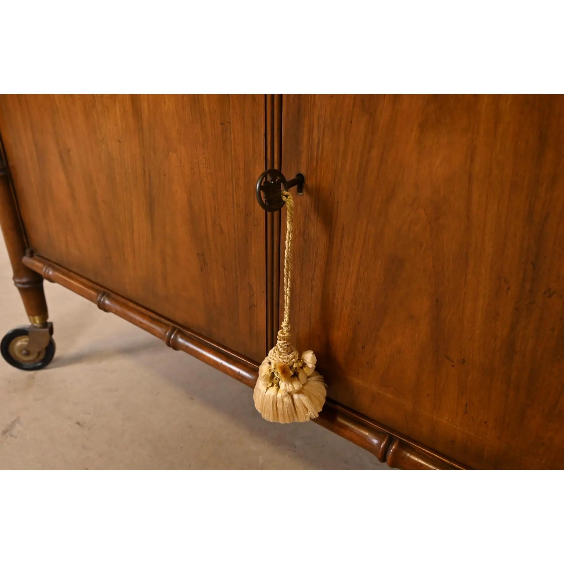 Baker Furniture Mid-Century Hollywood Regency Walnut Faux Bamboo Bar Cart 2