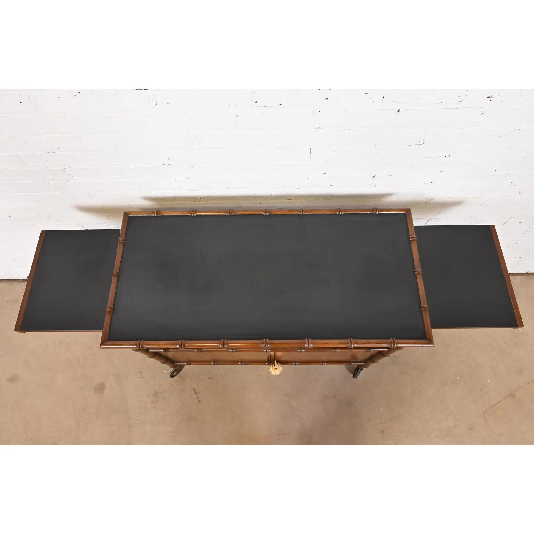 Baker Furniture Mid-Century Hollywood Regency Walnut Faux Bamboo Bar Cart 3
