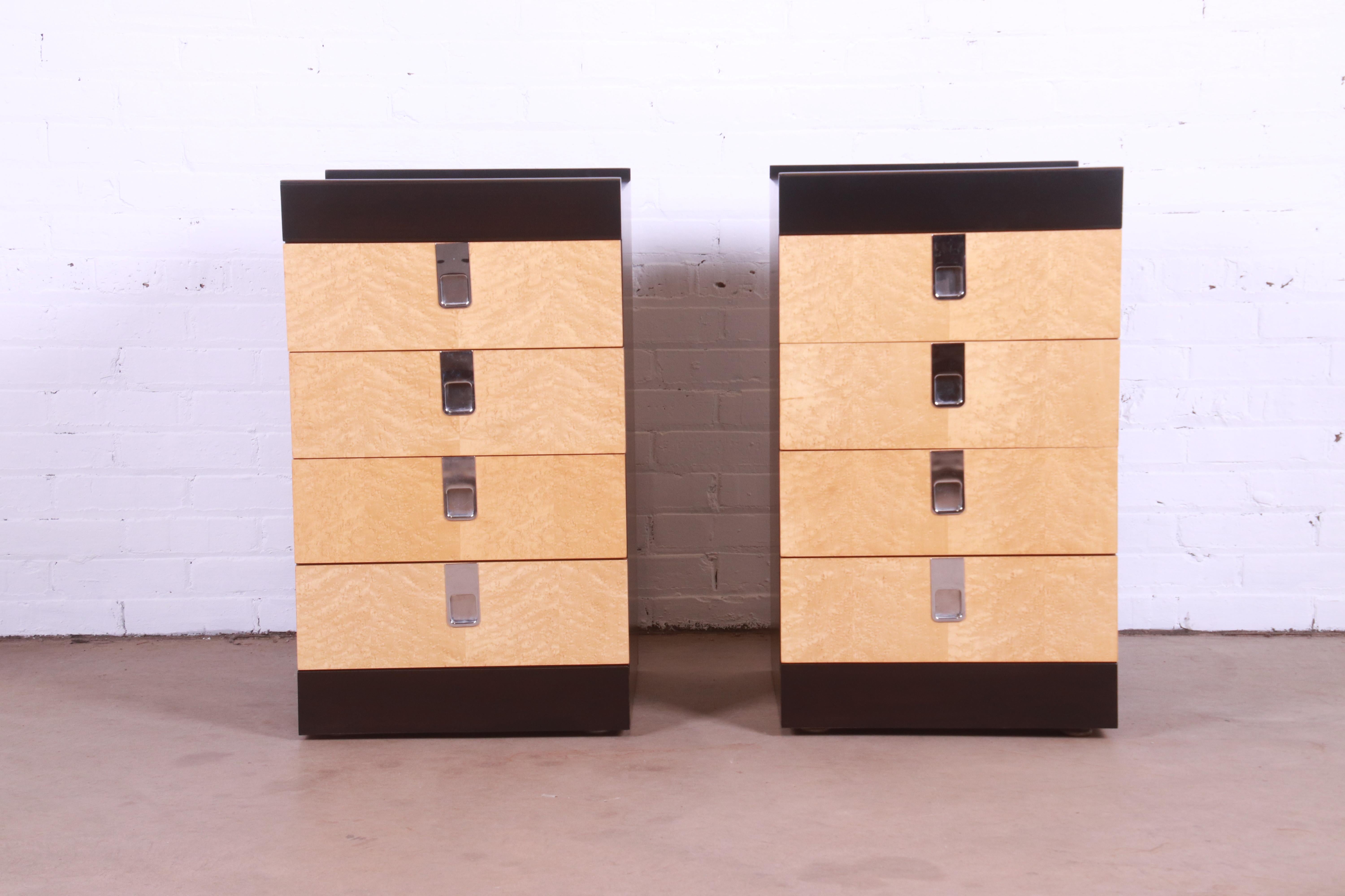 American Baker Furniture Mid-Century Modern Birdseye Maple and Ebonized Bedside Chests For Sale