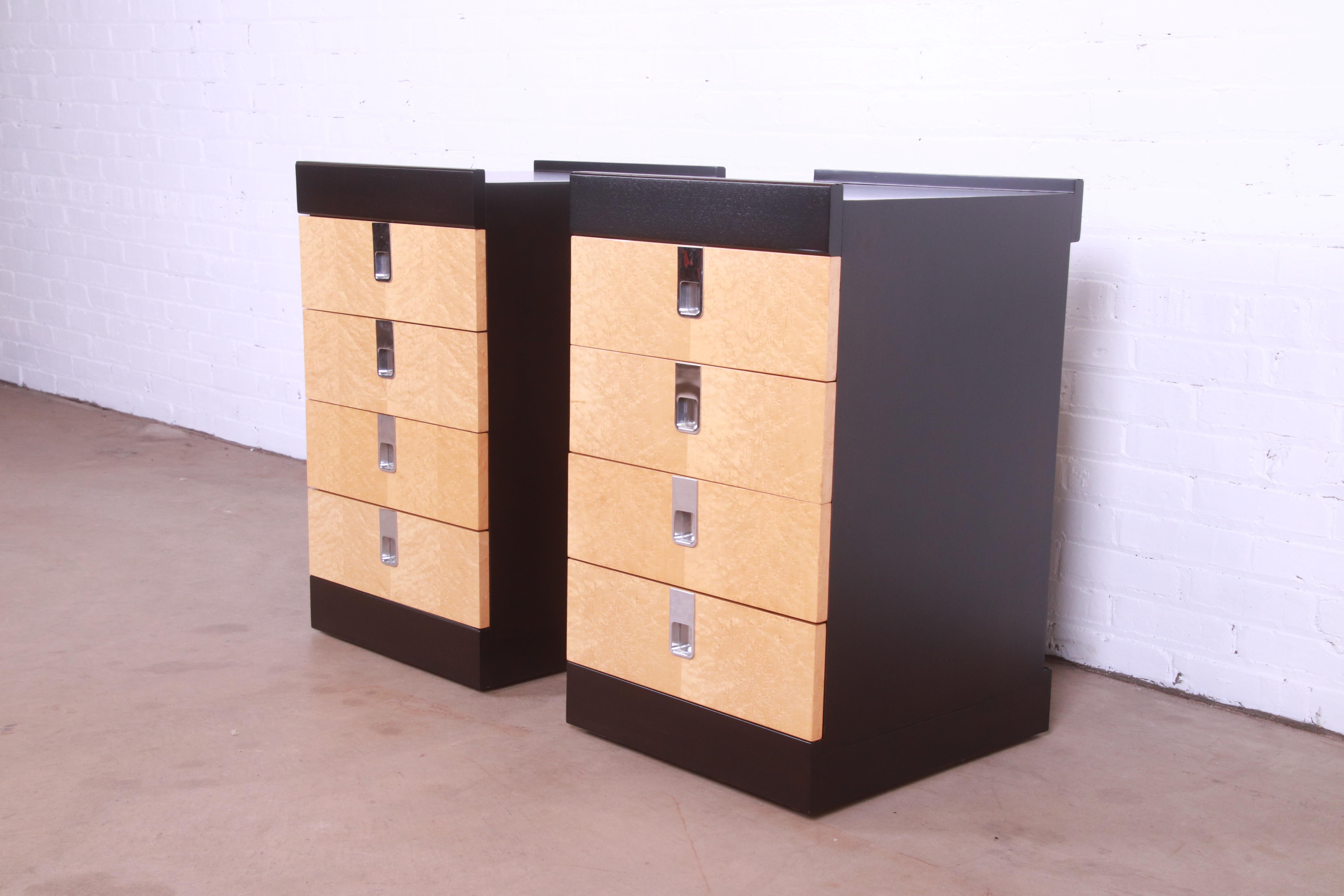 Late 20th Century Baker Furniture Mid-Century Modern Birdseye Maple and Ebonized Bedside Chests For Sale