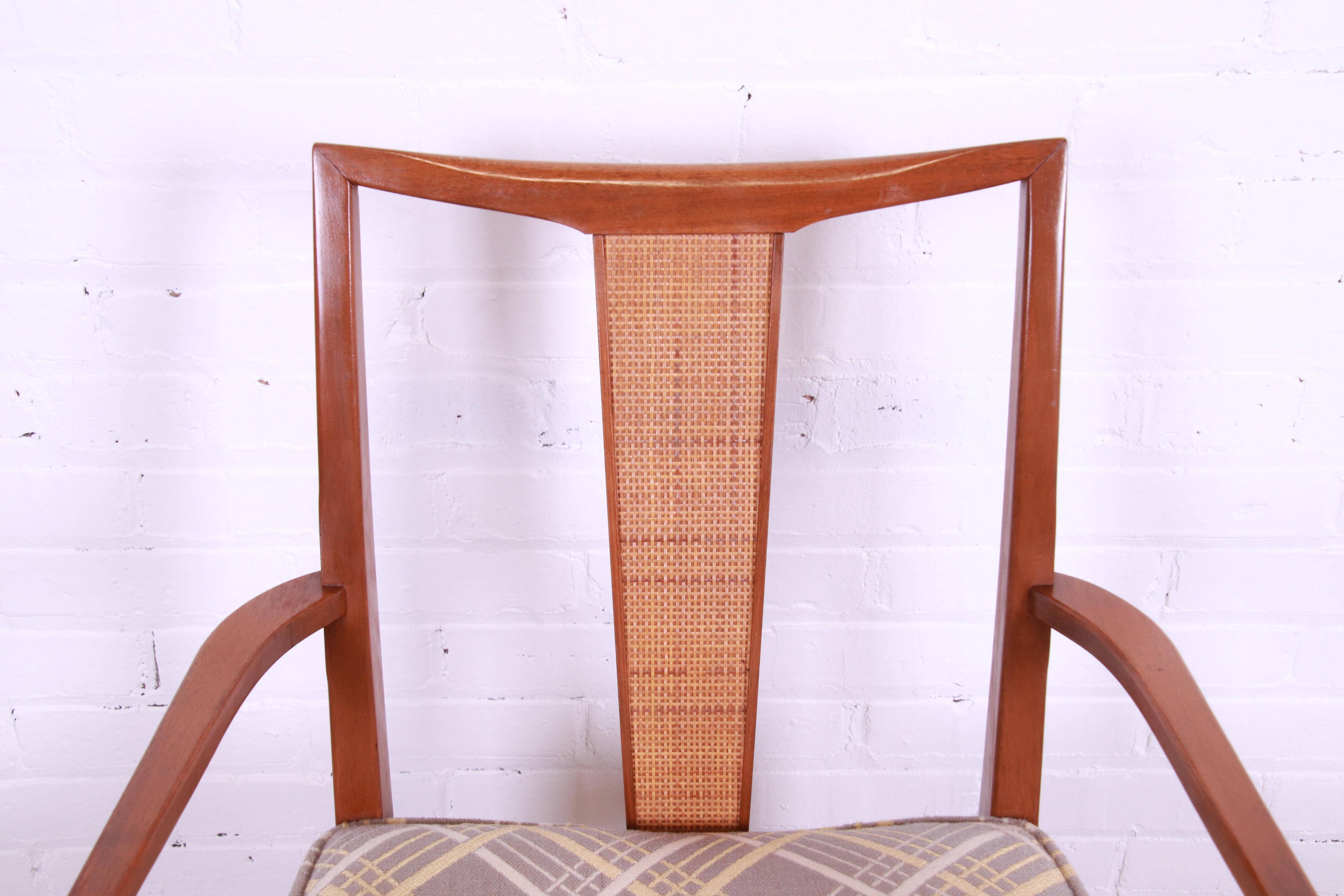 Baker Furniture Mid-Century Modern Sculpted Walnut and Rattan Dining Chairs 4
