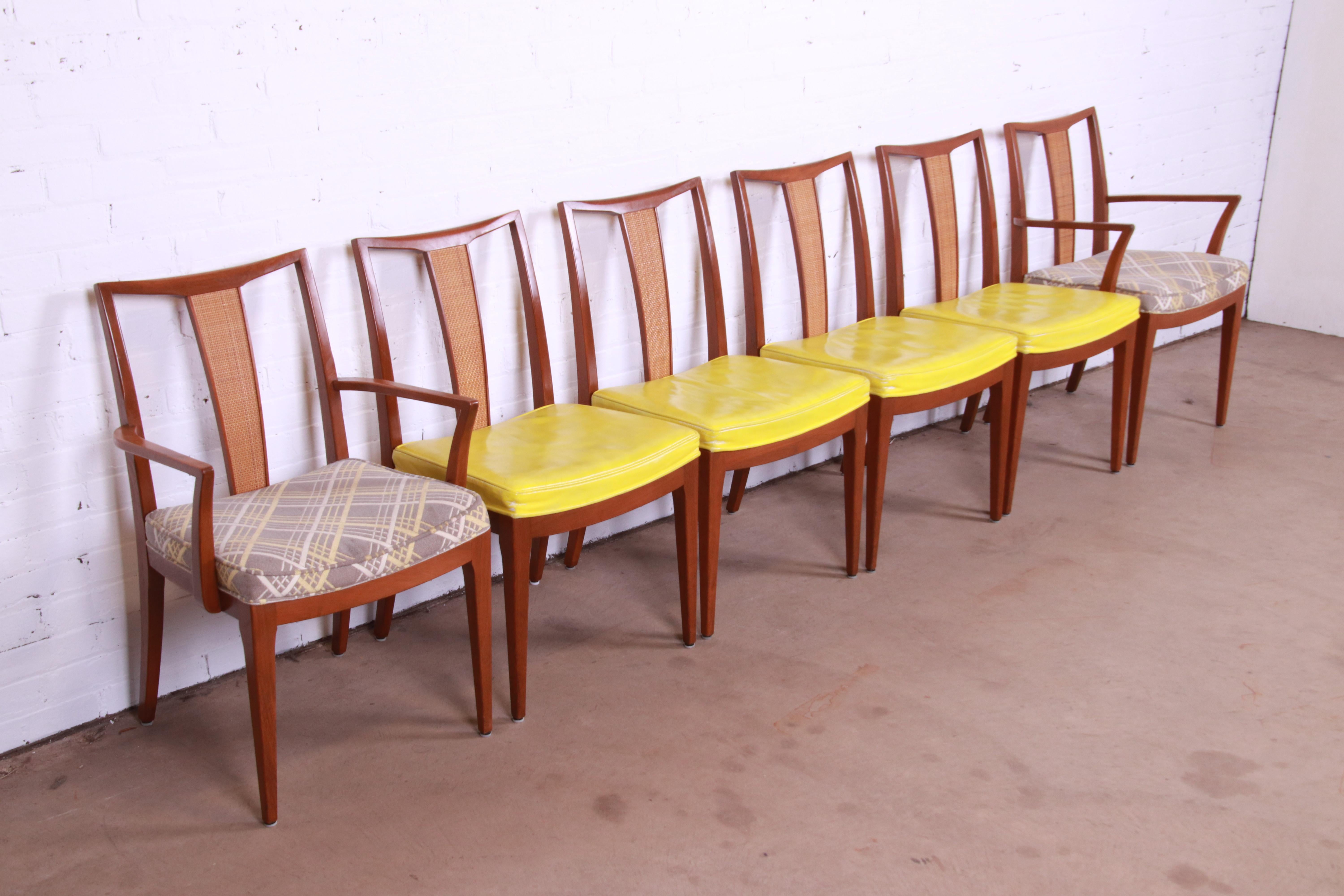 Upholstery Baker Furniture Mid-Century Modern Sculpted Walnut and Rattan Dining Chairs