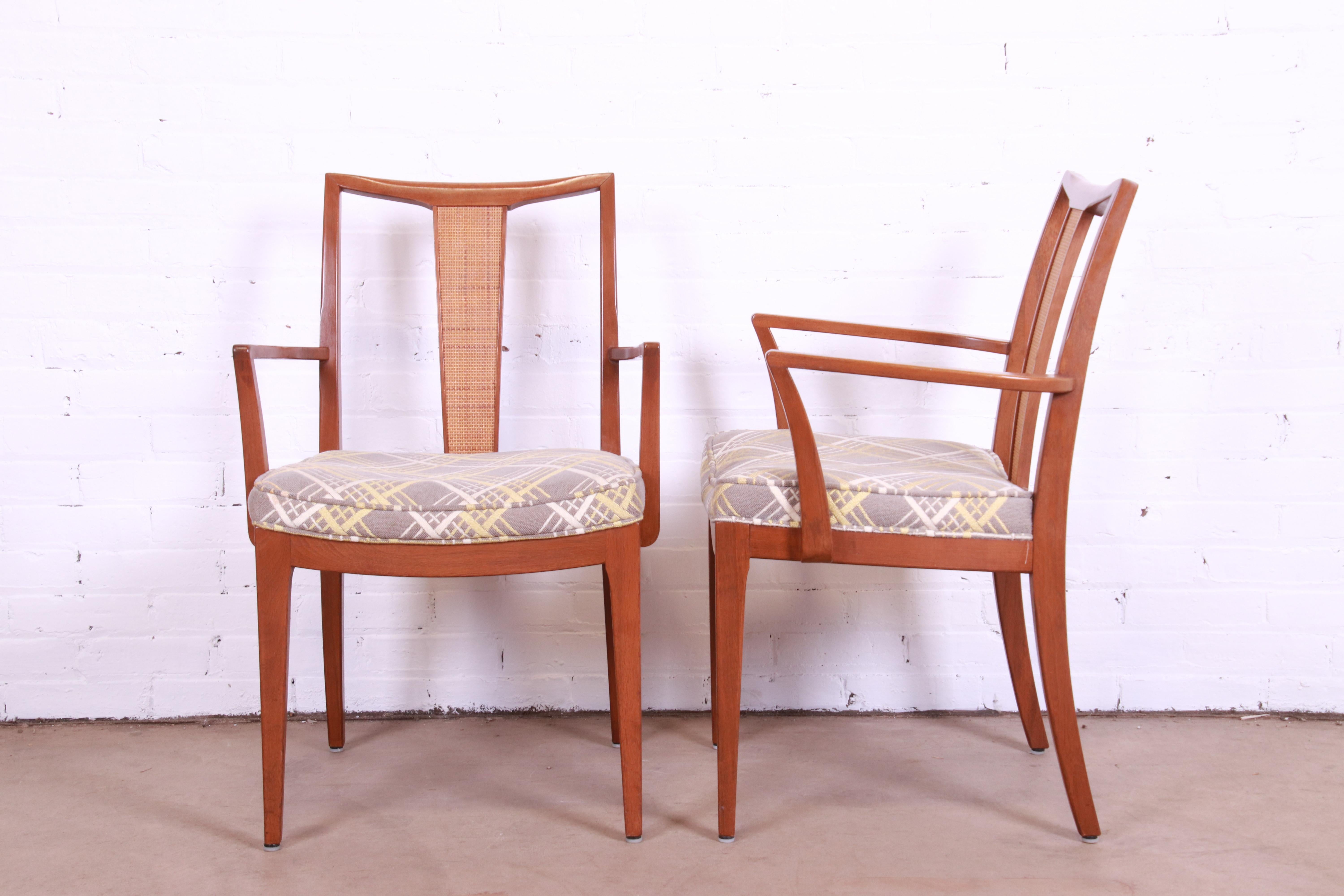 Baker Furniture Mid-Century Modern Sculpted Walnut and Rattan Dining Chairs 3