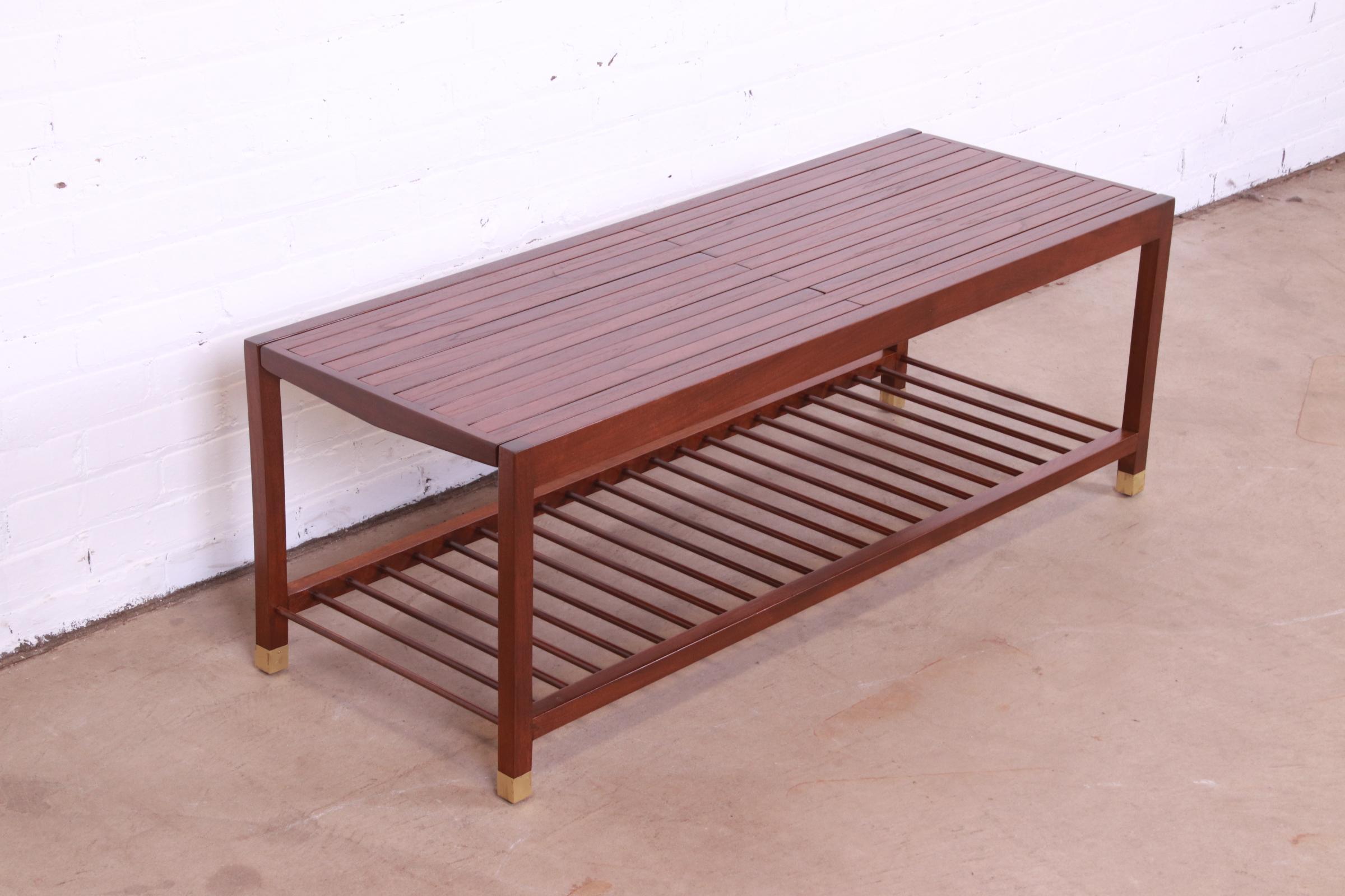 Brass Baker Furniture Mid-Century Modern Teak Slat Expanding Coffee Table, Refinished For Sale