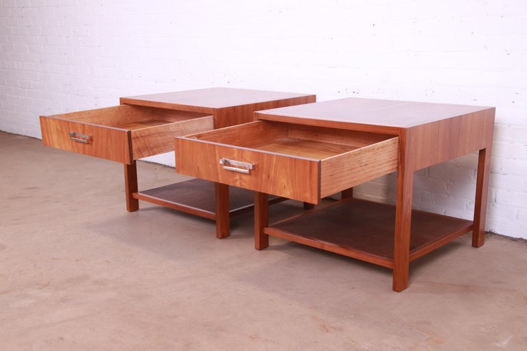 Baker Furniture Mid-Century Modern Walnut and Cane End Tables, Newly Refinished For Sale 5