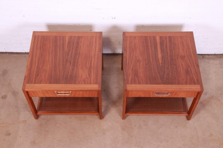 Baker Furniture Mid-Century Modern Walnut and Cane End Tables, Newly Refinished For Sale 10