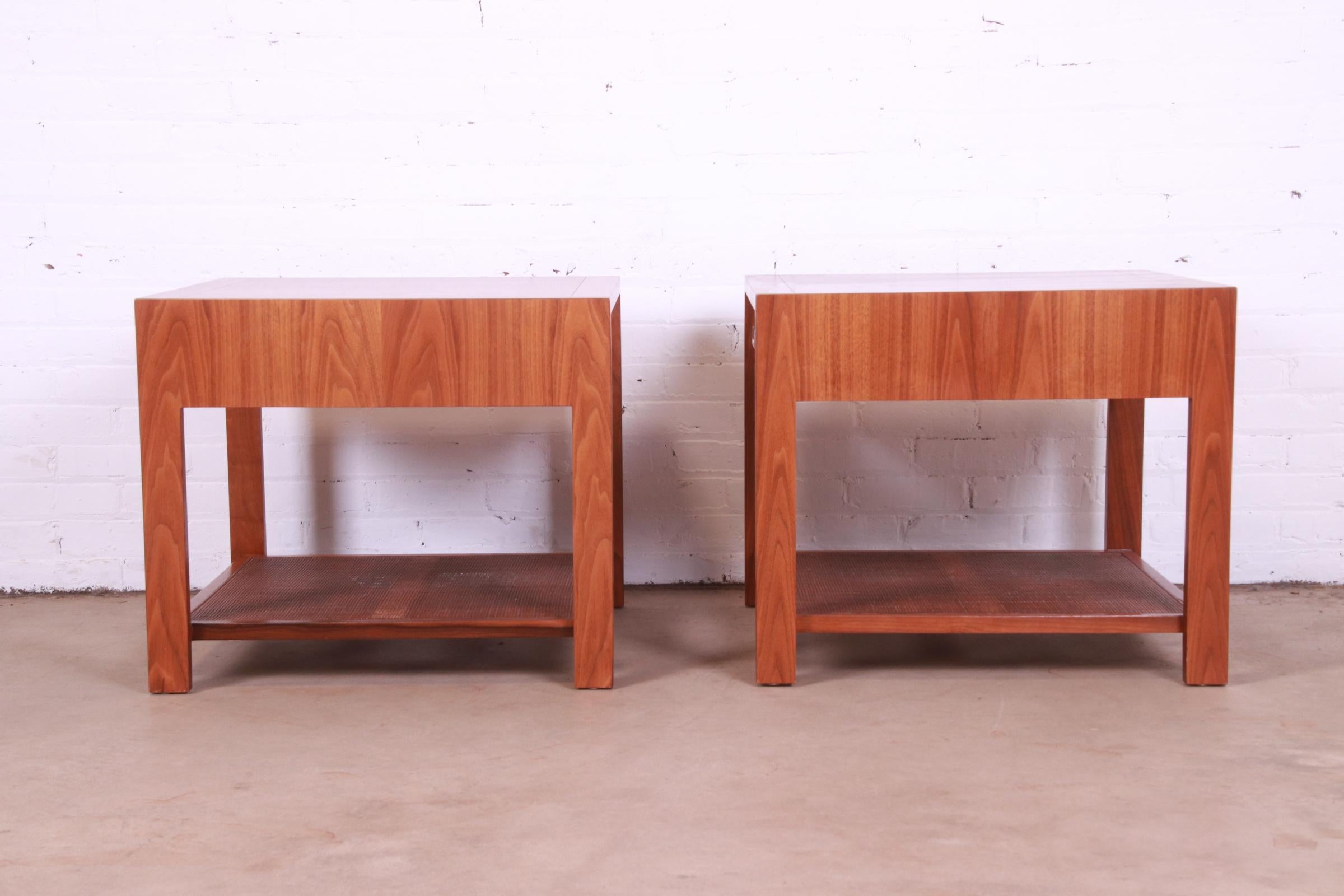 Baker Furniture Mid-Century Modern Walnut and Cane End Tables, Newly Refinished 11