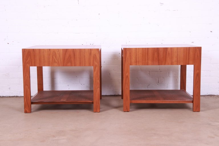 Baker Furniture Mid-Century Modern Walnut and Cane End Tables, Newly Refinished For Sale 11