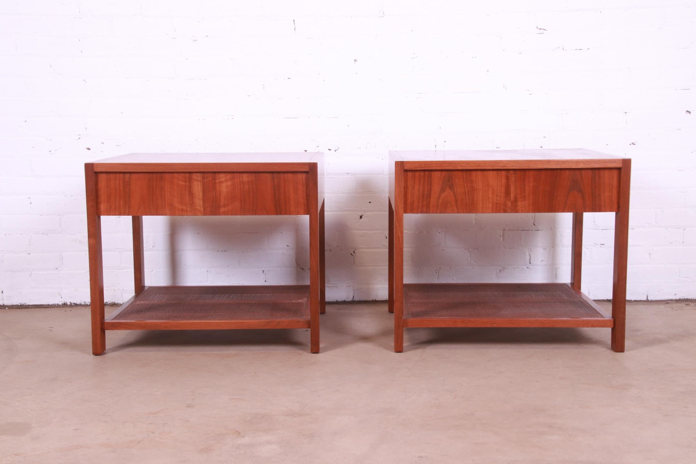 Baker Furniture Mid-Century Modern Walnut and Cane End Tables, Newly Refinished 12