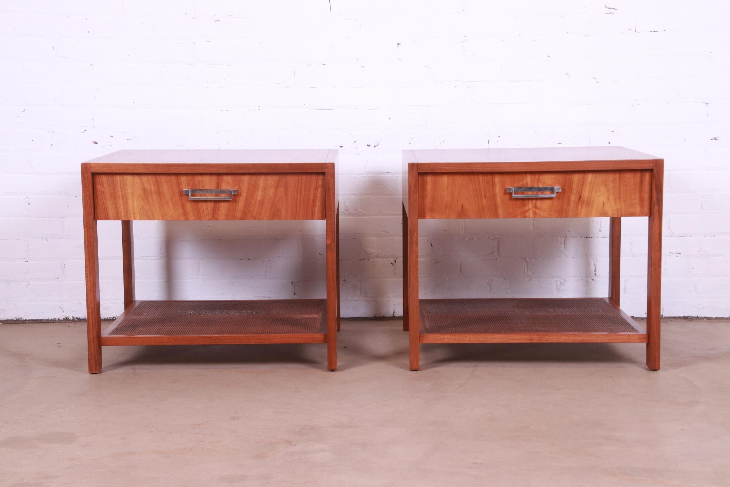 American Baker Furniture Mid-Century Modern Walnut and Cane End Tables, Newly Refinished