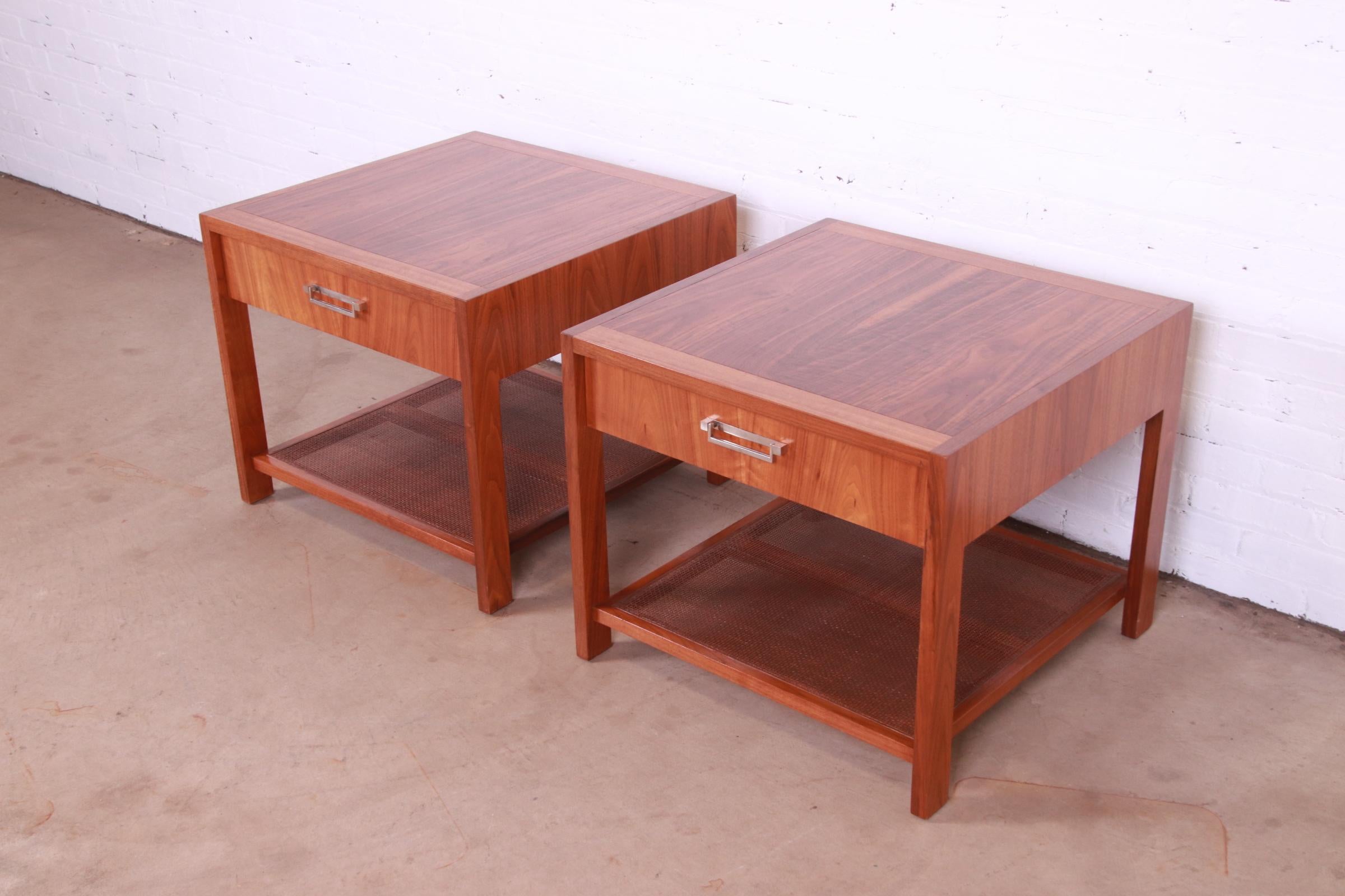 Baker Furniture Mid-Century Modern Walnut and Cane End Tables, Newly Refinished In Good Condition In South Bend, IN