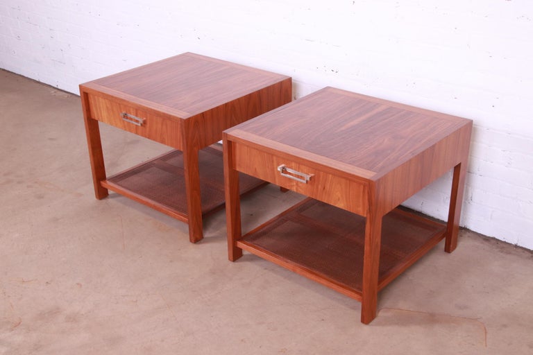 Baker Furniture Mid-Century Modern Walnut and Cane End Tables, Newly Refinished In Good Condition For Sale In South Bend, IN