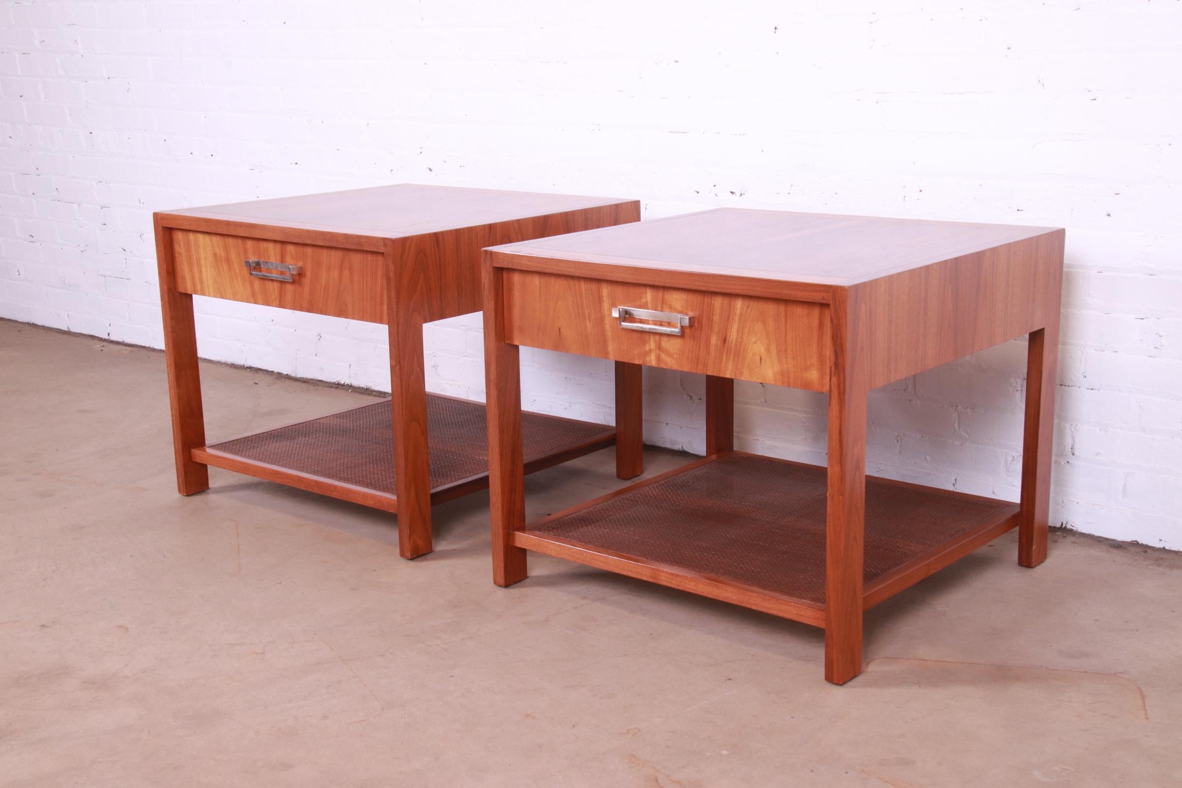 20th Century Baker Furniture Mid-Century Modern Walnut and Cane End Tables, Newly Refinished