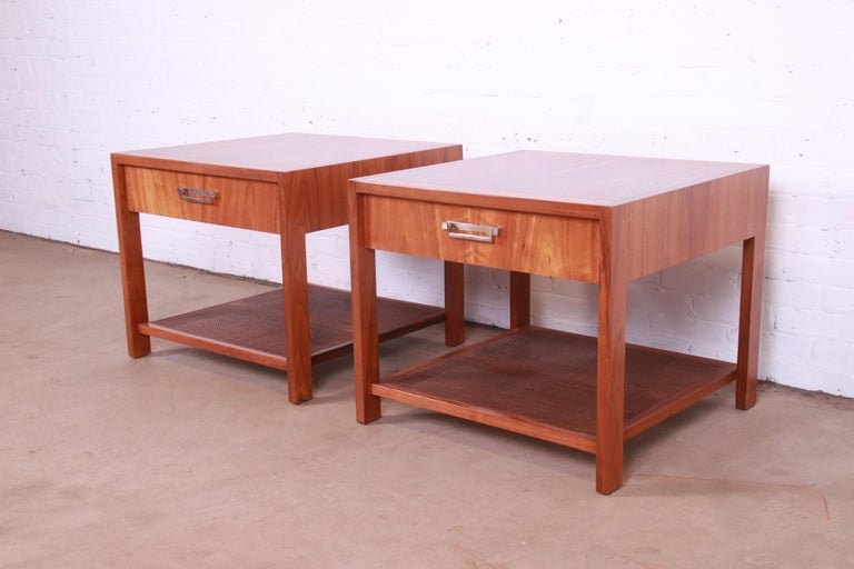 20th Century Baker Furniture Mid-Century Modern Walnut and Cane End Tables, Newly Refinished For Sale