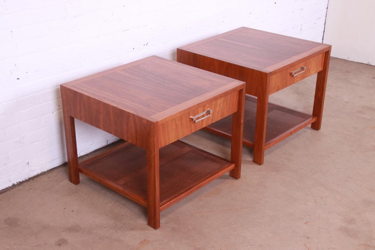 Baker Furniture Mid-Century Modern Walnut and Cane End Tables, Newly Refinished For Sale 1