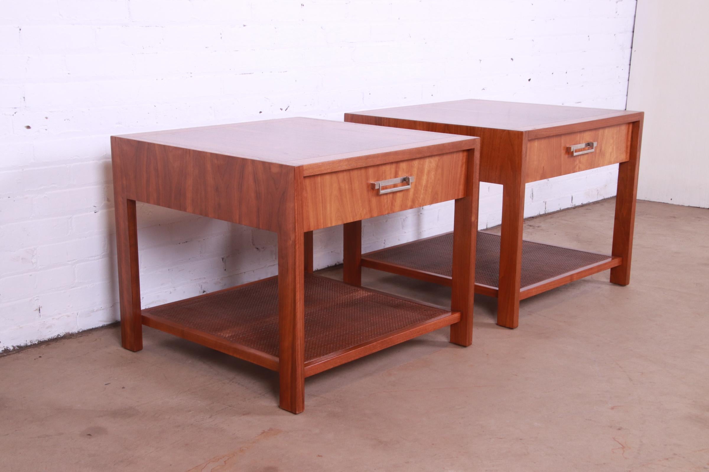Baker Furniture Mid-Century Modern Walnut and Cane End Tables, Newly Refinished 2