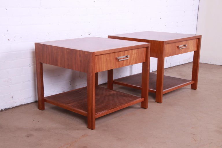 Baker Furniture Mid-Century Modern Walnut and Cane End Tables, Newly Refinished For Sale 2