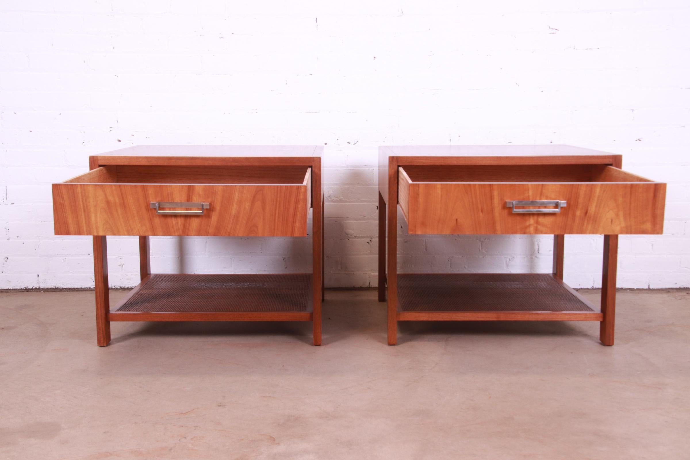 Baker Furniture Mid-Century Modern Walnut and Cane End Tables, Newly Refinished 3
