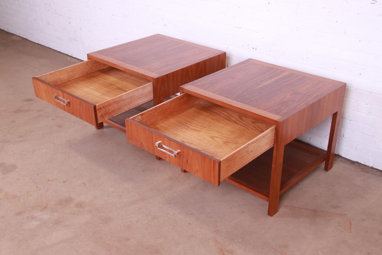 Baker Furniture Mid-Century Modern Walnut and Cane End Tables, Newly Refinished For Sale 4