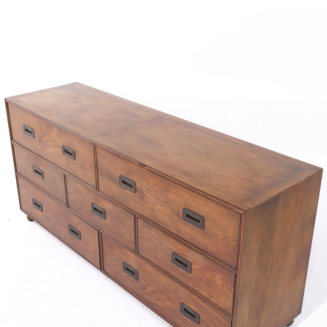 Late 20th Century Baker Furniture Mid Century Walnut Campaign Lowboy Dresser