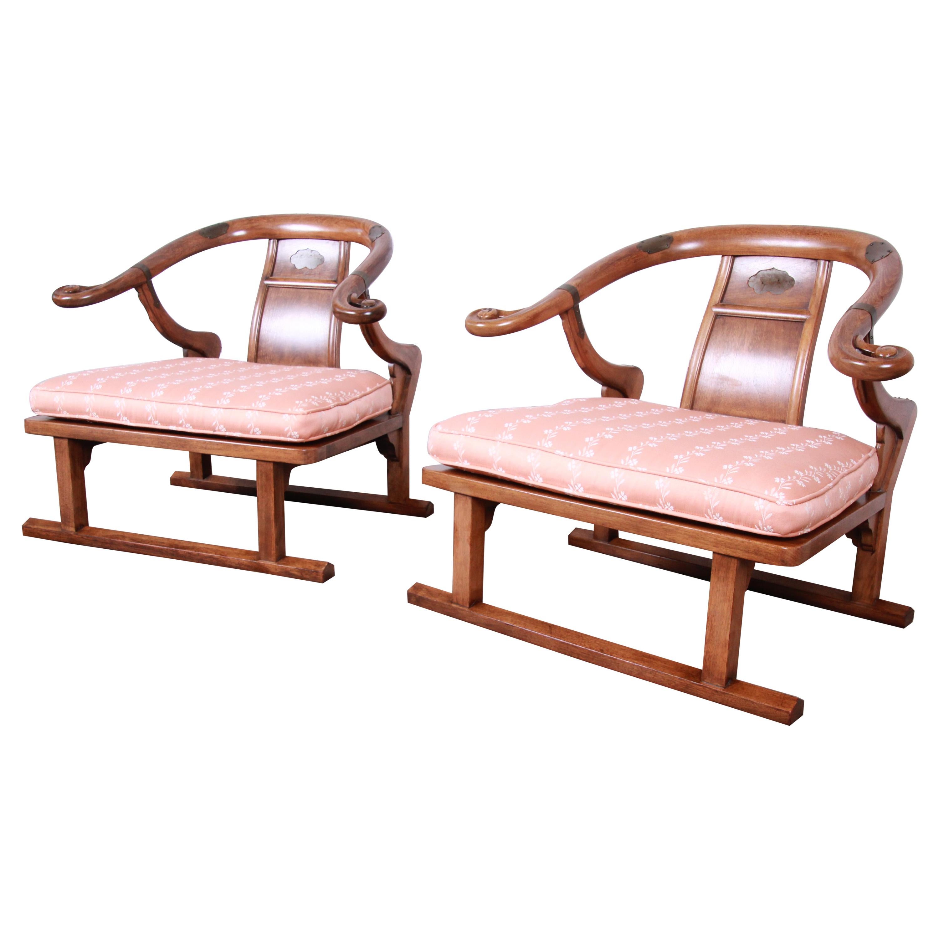 Baker Furniture Midcentury Chinoiserie Walnut Yoke Back Low Lounge Chairs, Pair